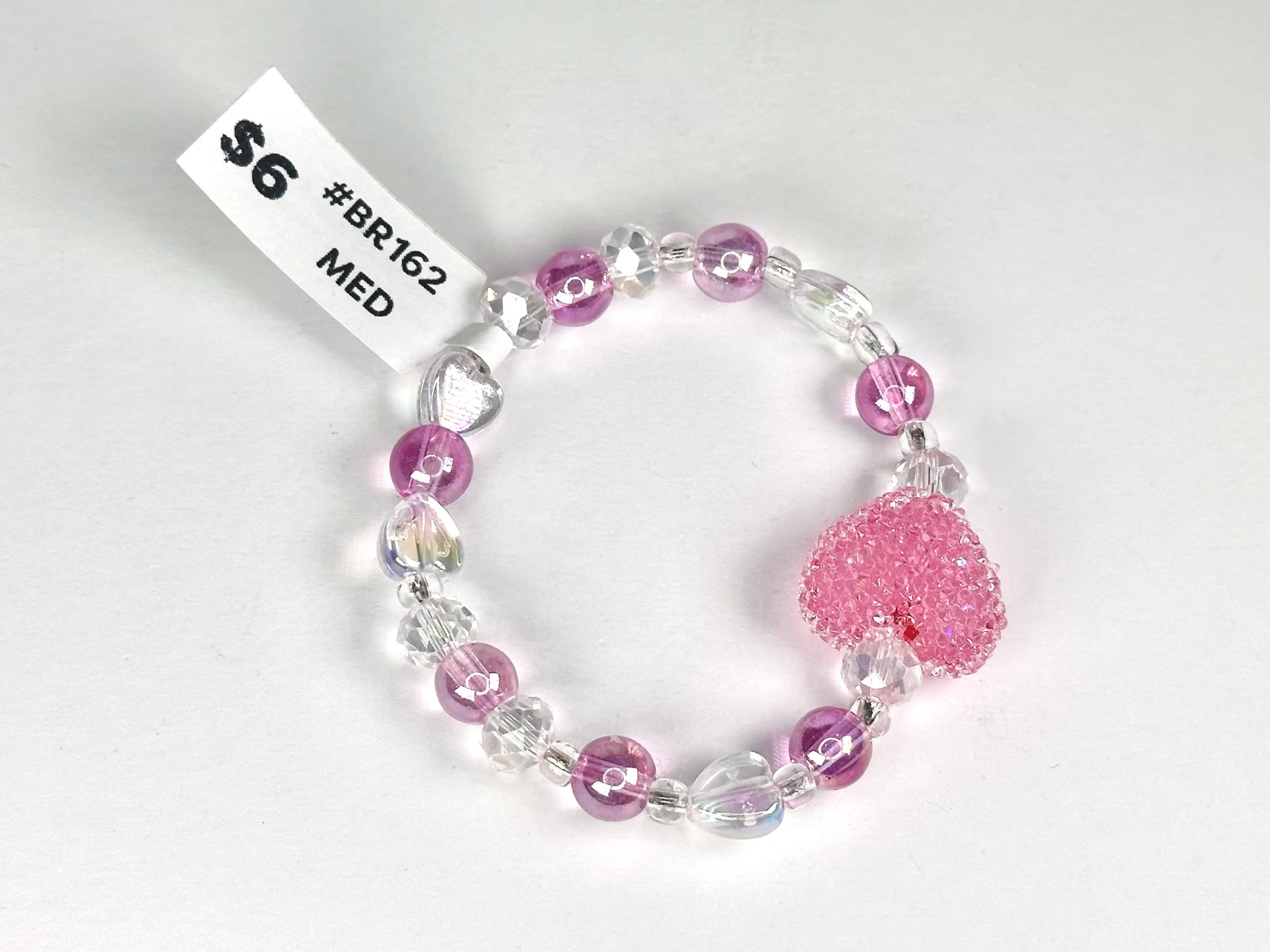 Medium Jelly Heart Pink & Clear Beaded Stretch Bracelet | Acrylic Beaded Charm Bracelet