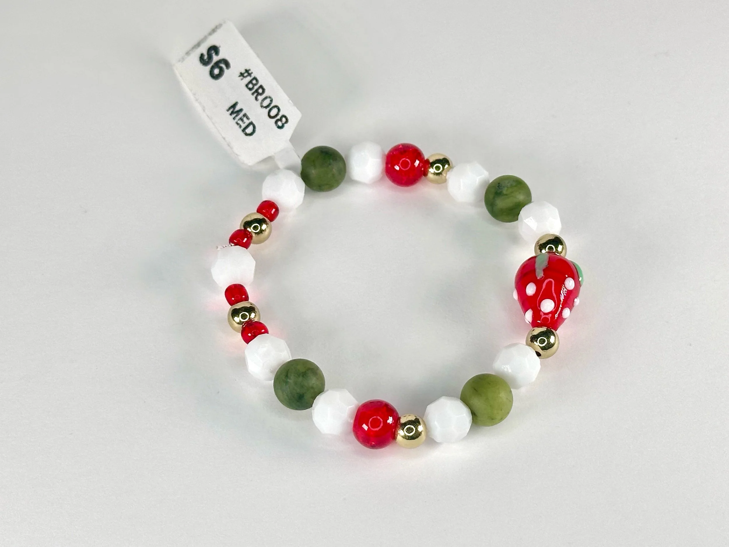 Medium Strawberry Glass Charm Beaded Stretch Bracelet | Glass & Acrylic Beaded Bracelet