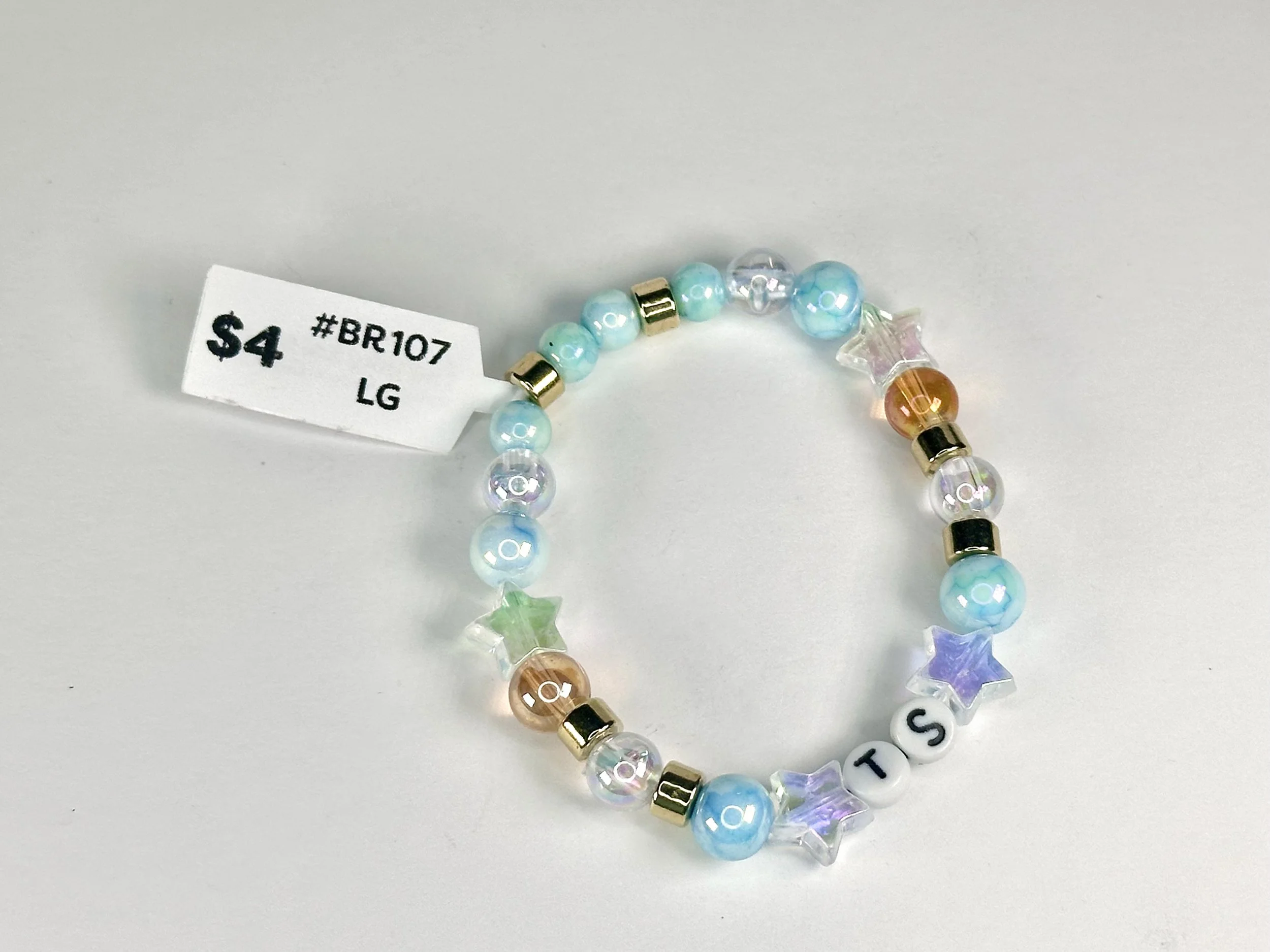 Large Blue, Gold & Clear Beaded Stretch Bracelet | Glass & Acrylic Bead Bracelet