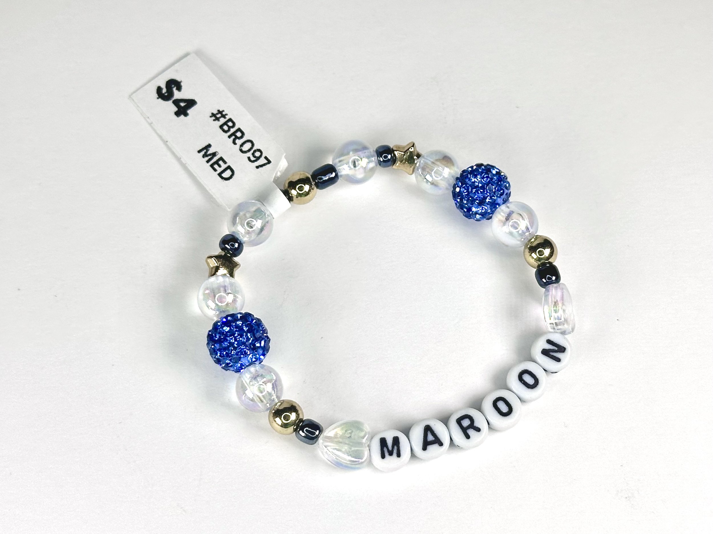 Medium "Maroon" Blue & Gold Beaded Stretch Bracelet | Glass and Acrylic Bead Bracelet