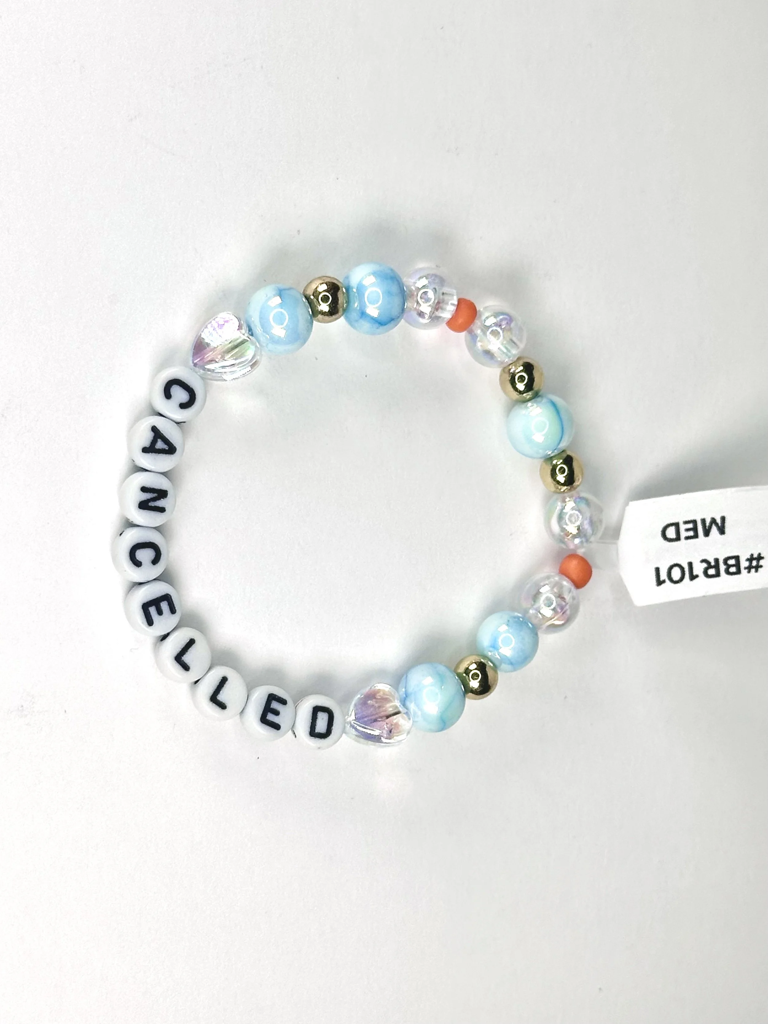 Medium "Cancelled" Blue & Orange Beaded Stretch Bracelet | Glass and Acrylic Bead Bracelet