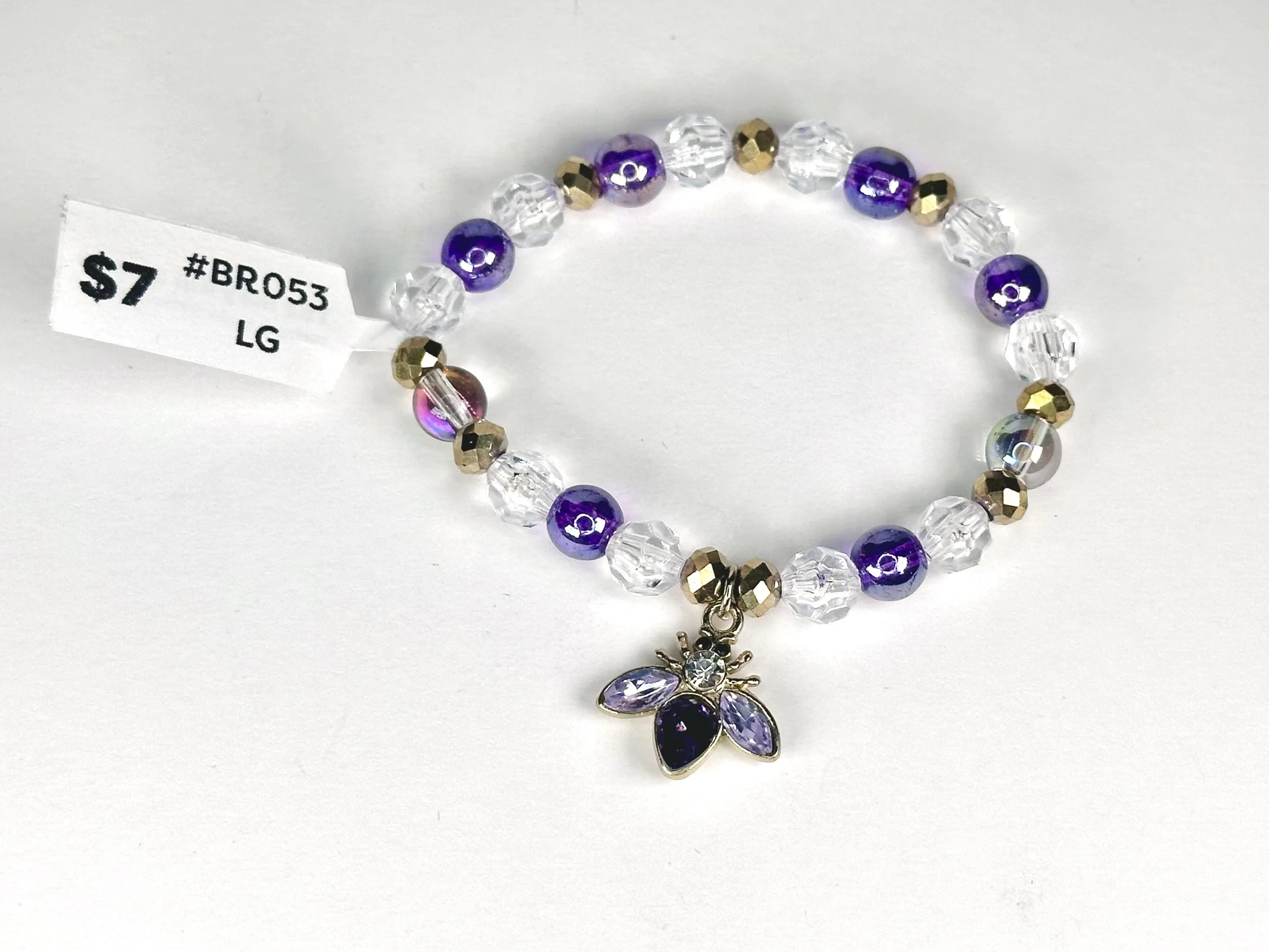 Large Crystal Bug Charm Purple Beaded Stretch Bracelet | Glass & Acrylic Beaded Charm Bracelet