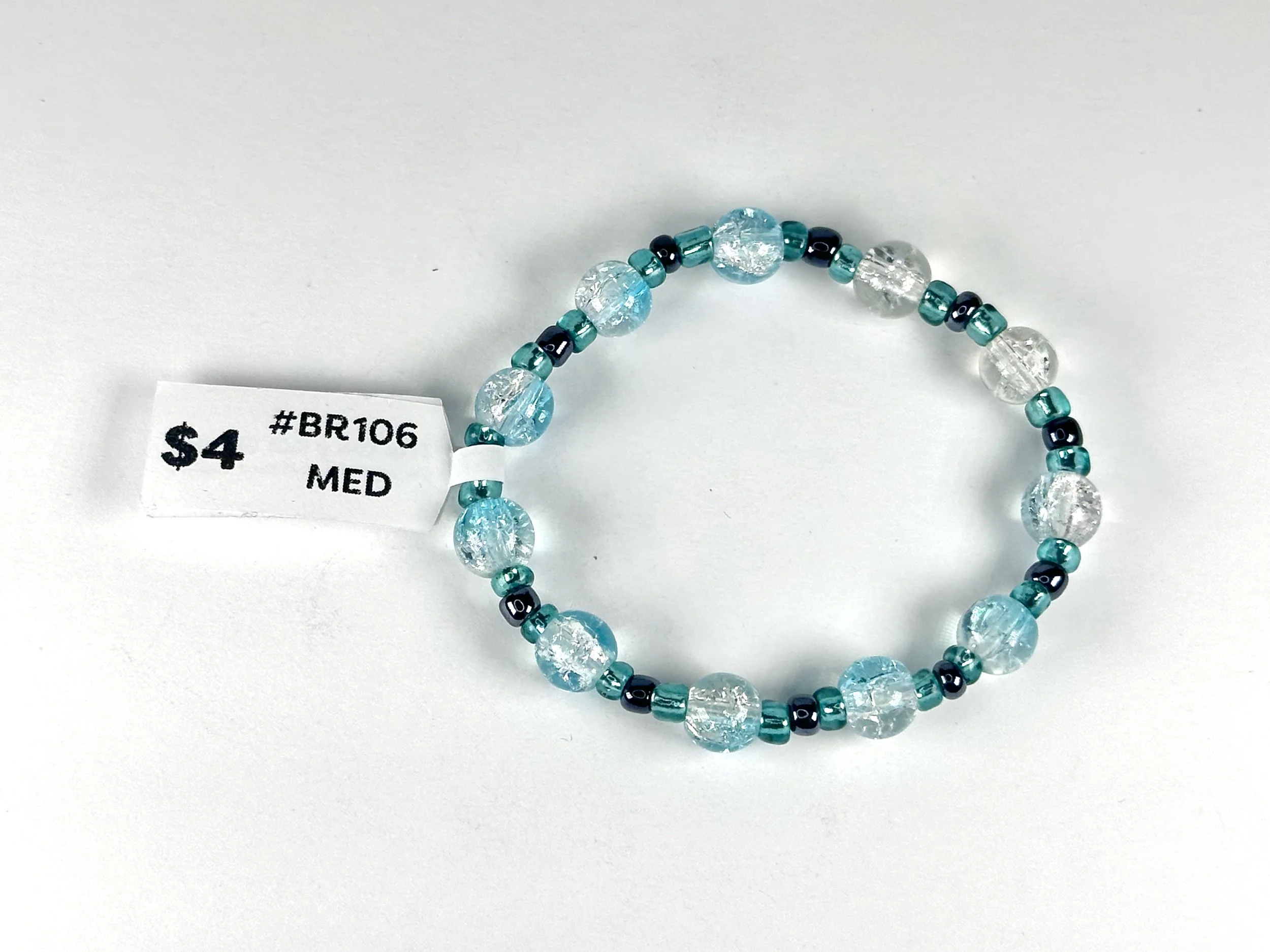 Medium Blue & Clear Beaded Stretch Bracelet | Glass Bead Bracelet