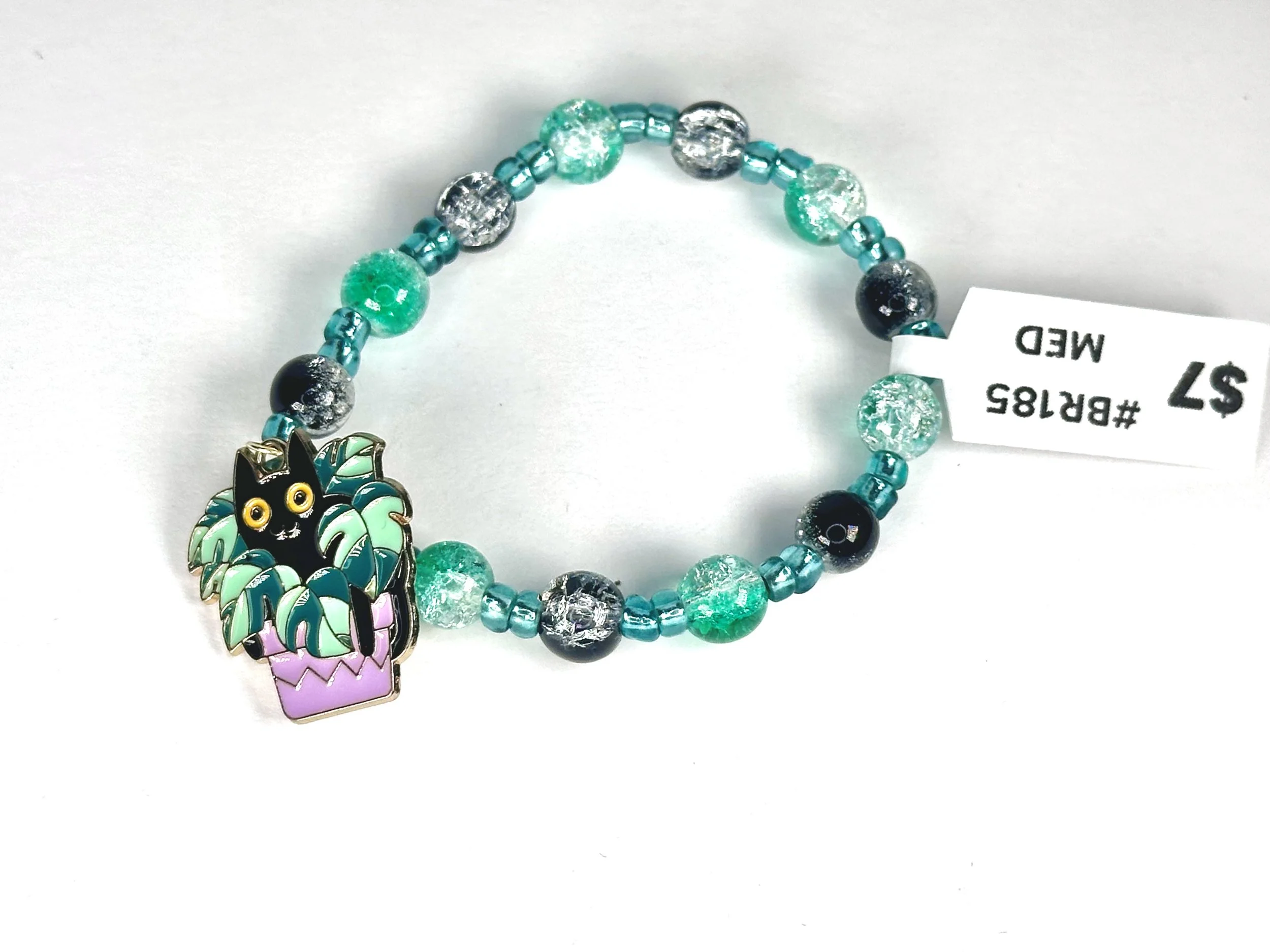 Medium Cat Charm Green, Black & Teal Beaded Stretch Bracelet | Glass & Acrylic Beaded Metal Charm Bracelet