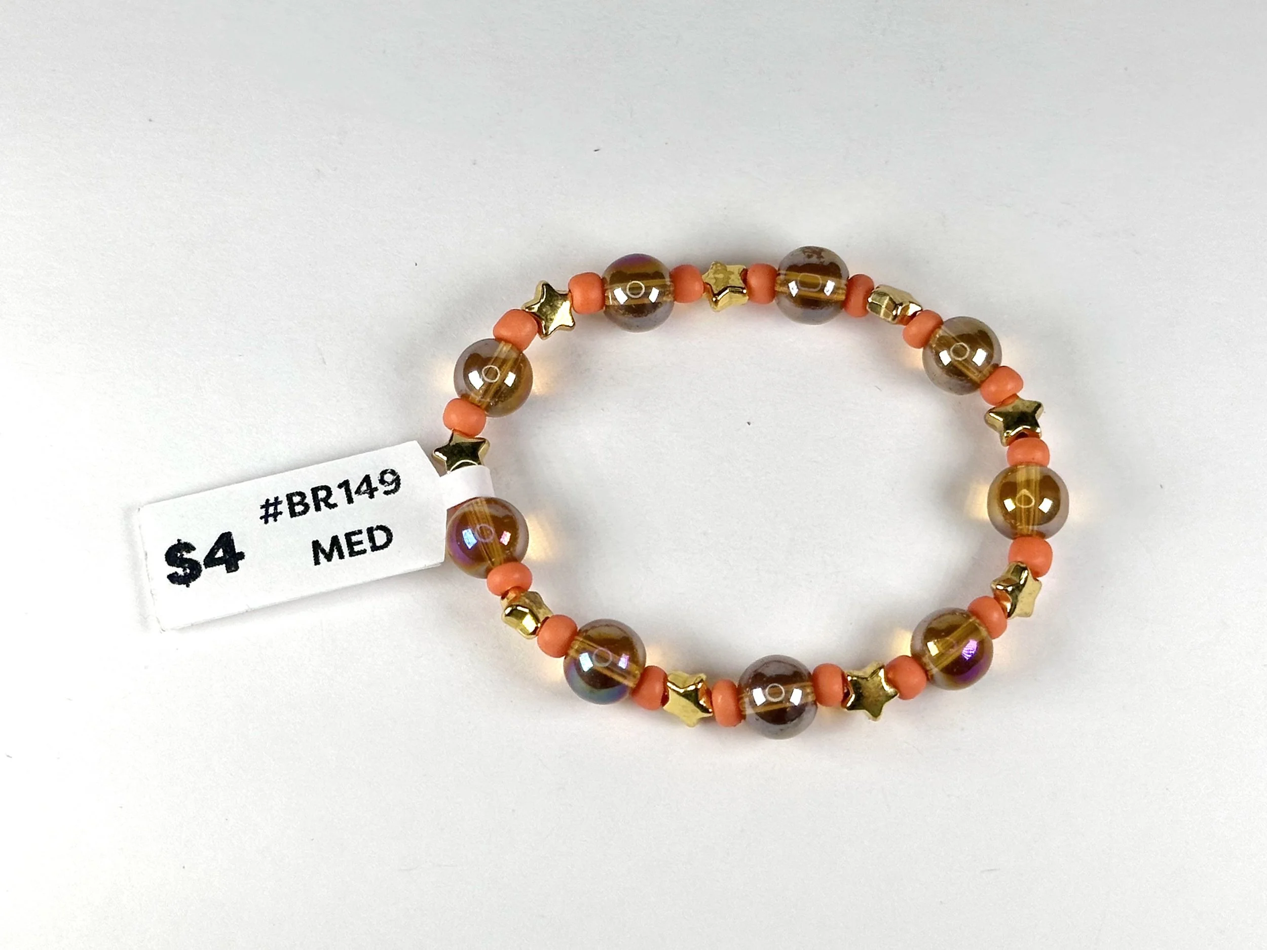 Medium Orange & Gold Beaded Stretch Bracelet | Glass & Acrylic Bead Bracelet