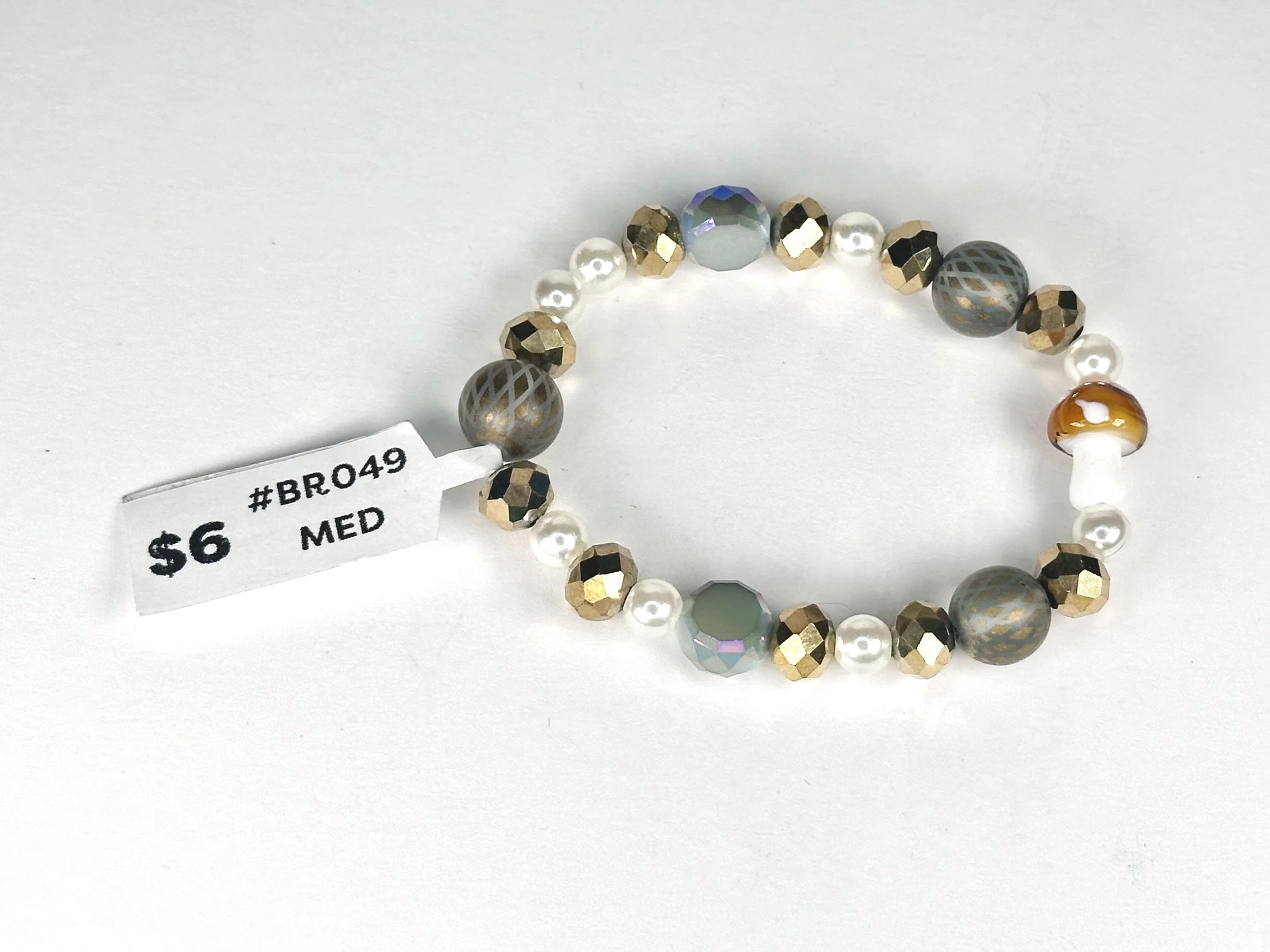 Medium Mushroom Blue & Gold Beaded Stretch Bracelet | Glass Charm & Beaded Bracelet