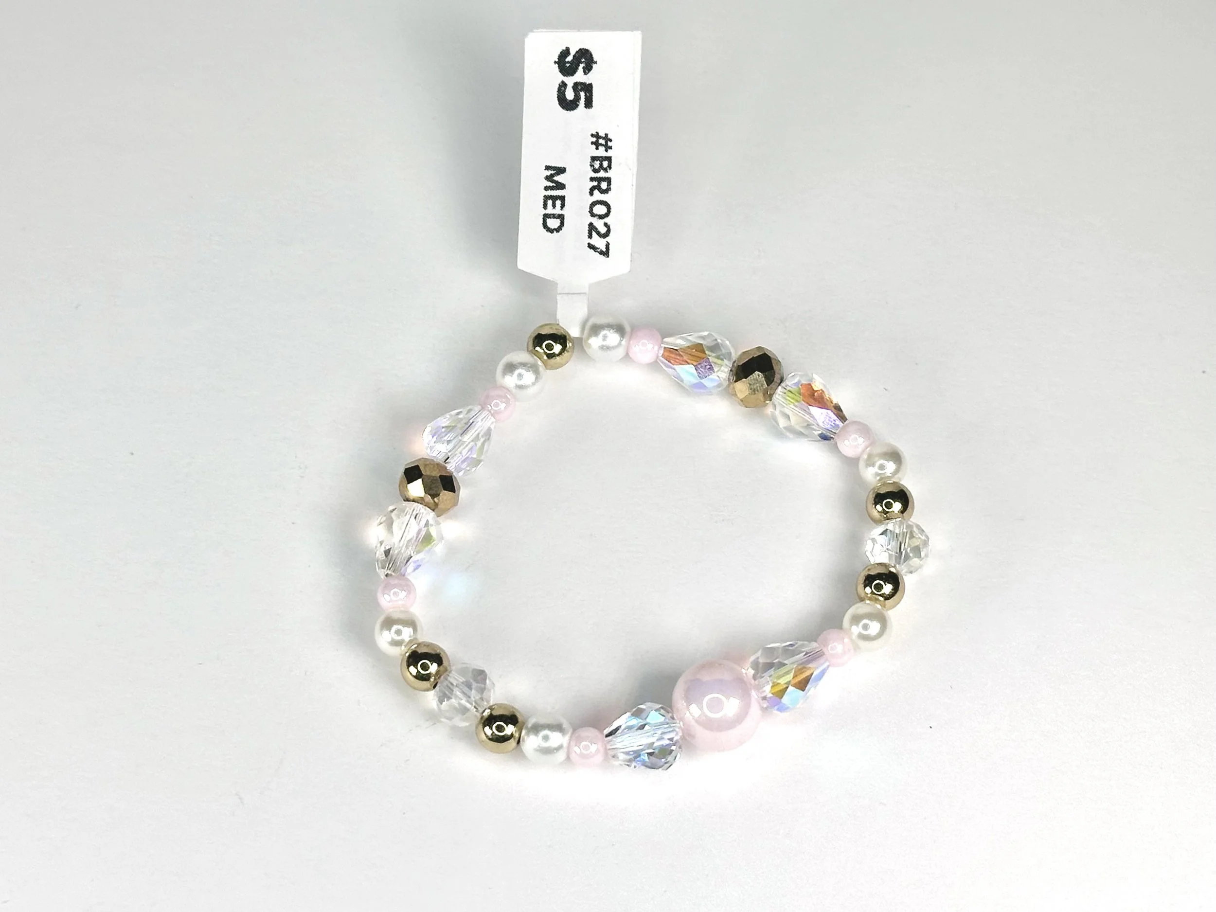 Medium Crystal & Pink Beaded Stretch Bracelet | Acrylic & Glass Beaded Bracelet