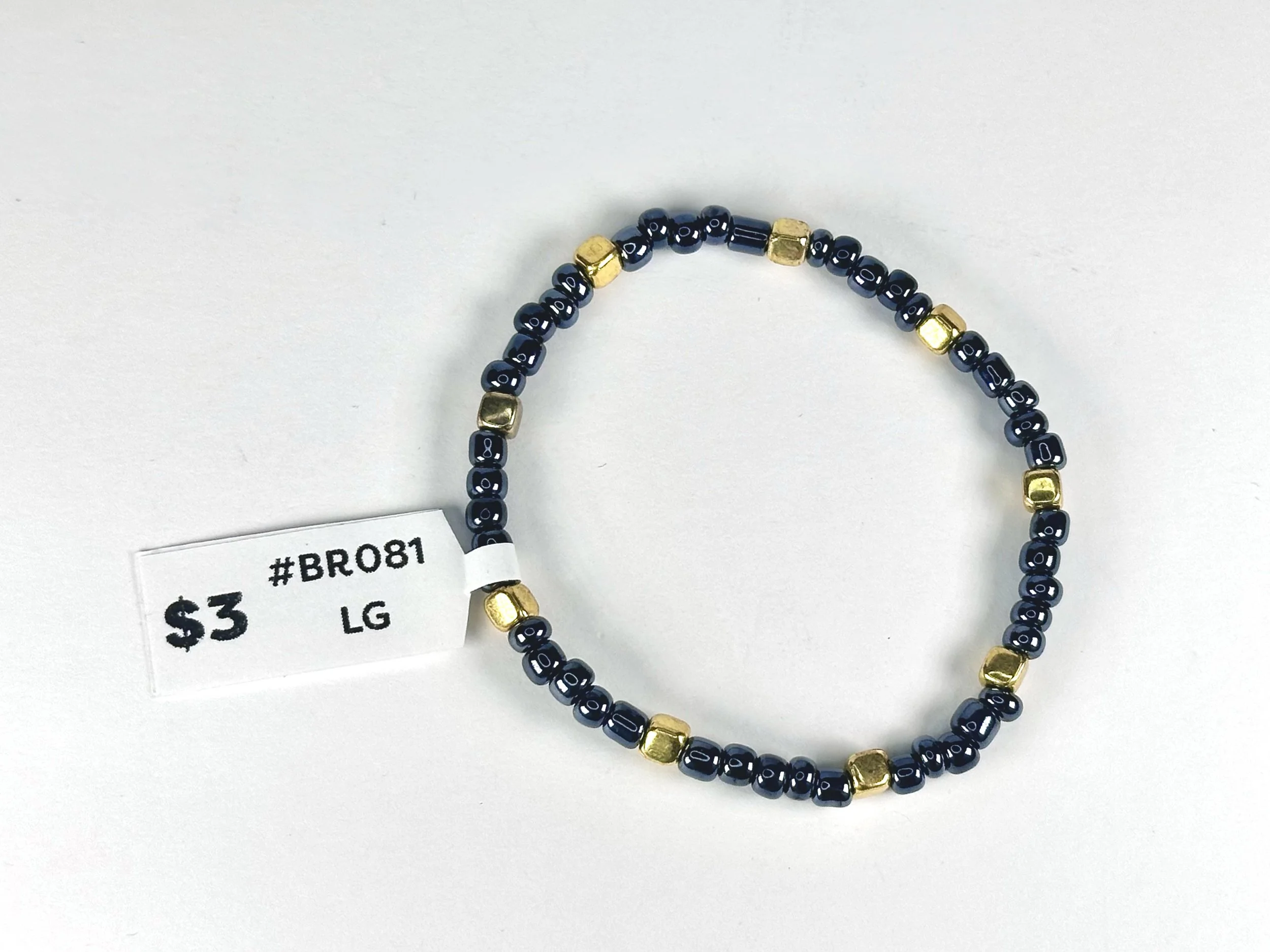 Large Blue & Gold Beaded Stretch Bracelet | Seed Bead Bracelet