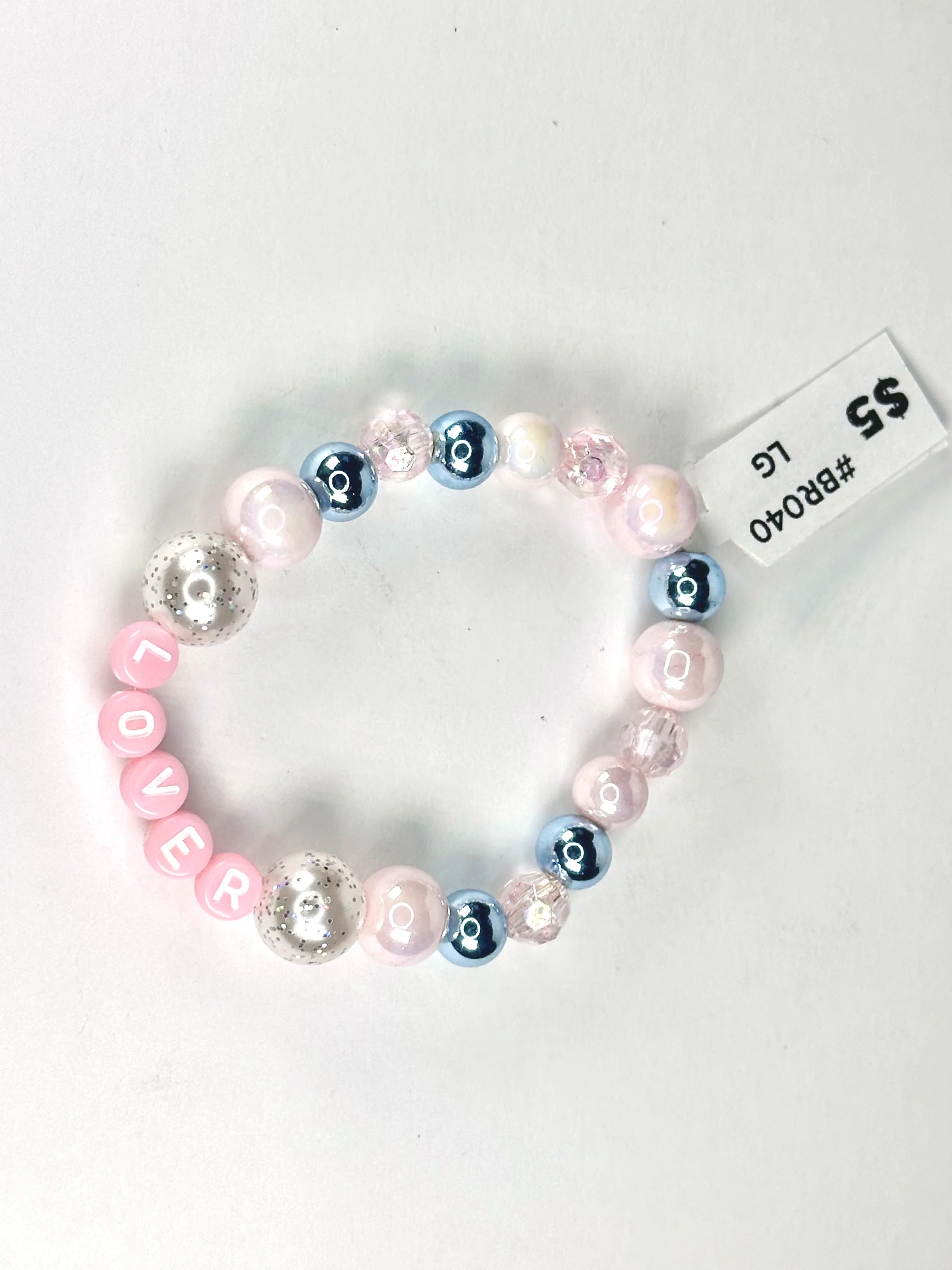 Large "Lover" Pink & Blue Beaded Stretch Bracelet | Glass & Acrylic Bead Bracelet