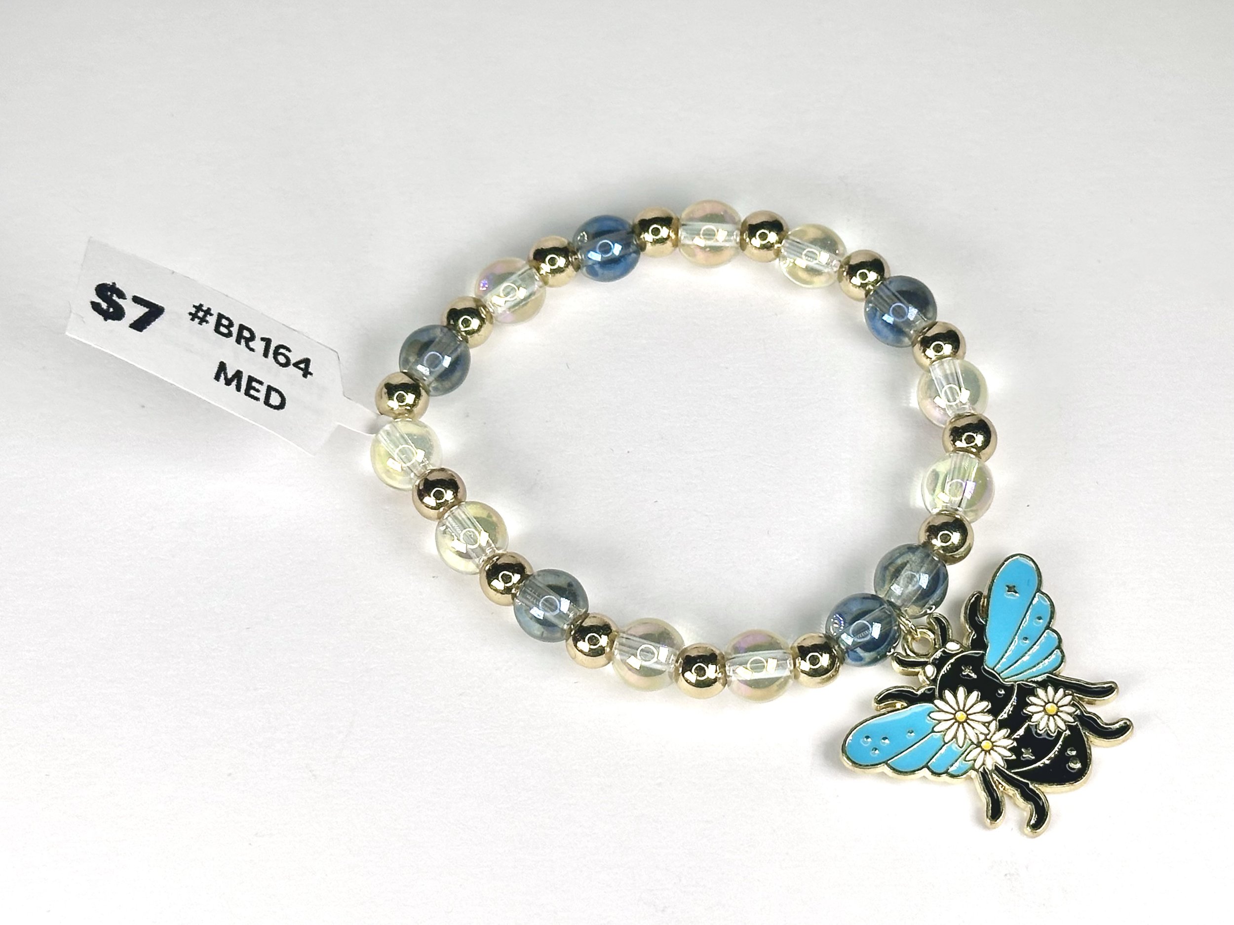 Medium Bee Charm Blue & Gold Beaded Stretch Bracelet | Glass & Acrylic Beaded Metal Charm Bracelet