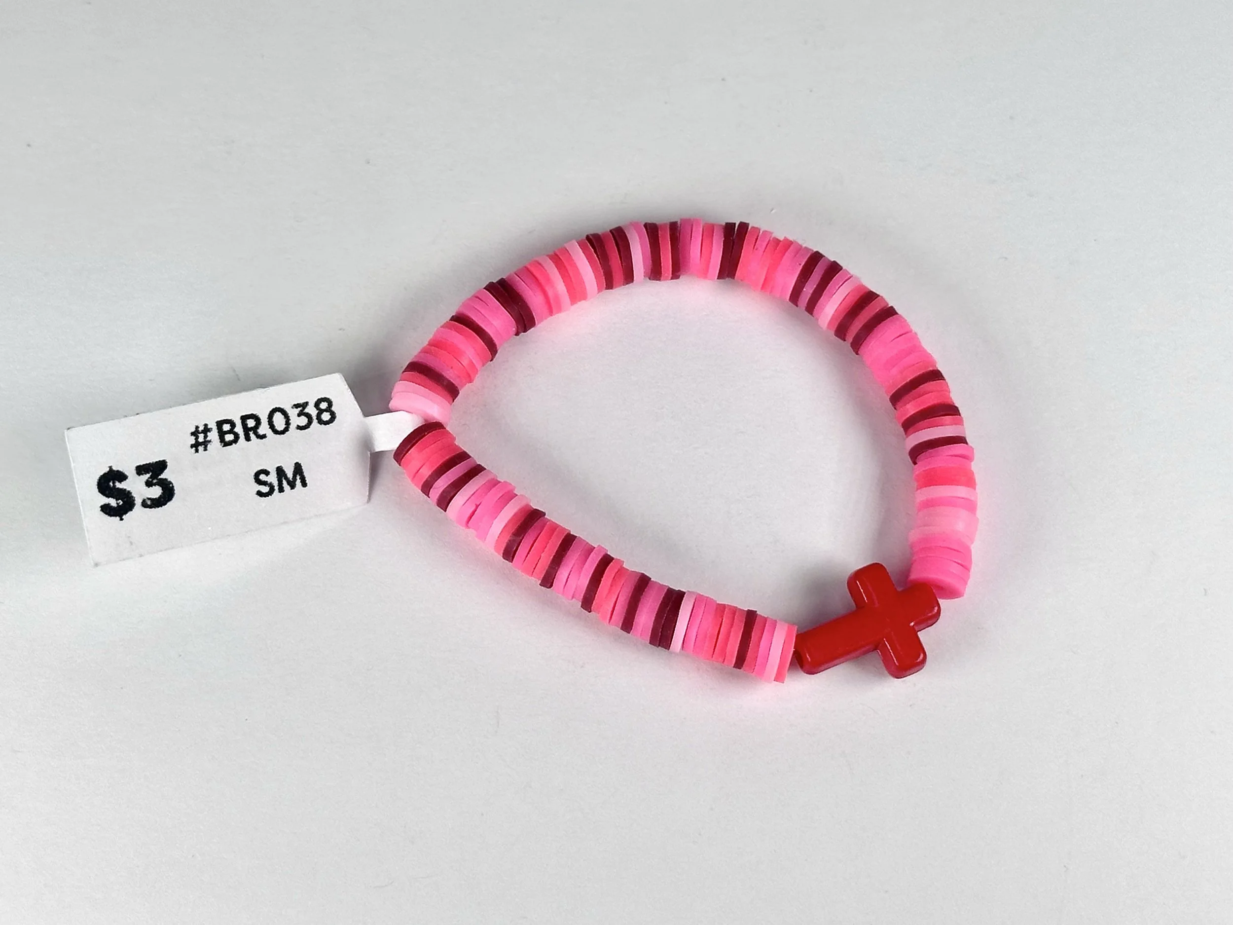 Small Pink & Red Beaded Stretch Bracelet | Clay Bead Bracelet With Yellow Cross Charm