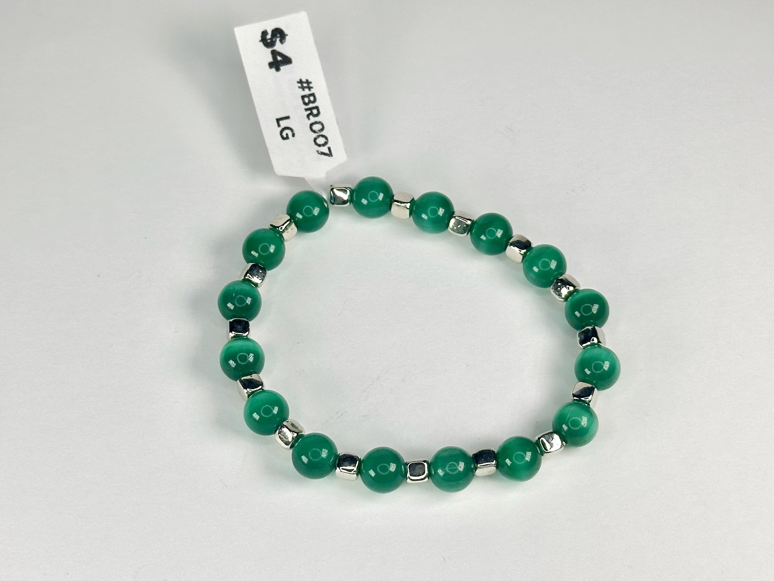 Large Green & Silver Beaded Stretch Bracelet | Glass Beaded Bracelet