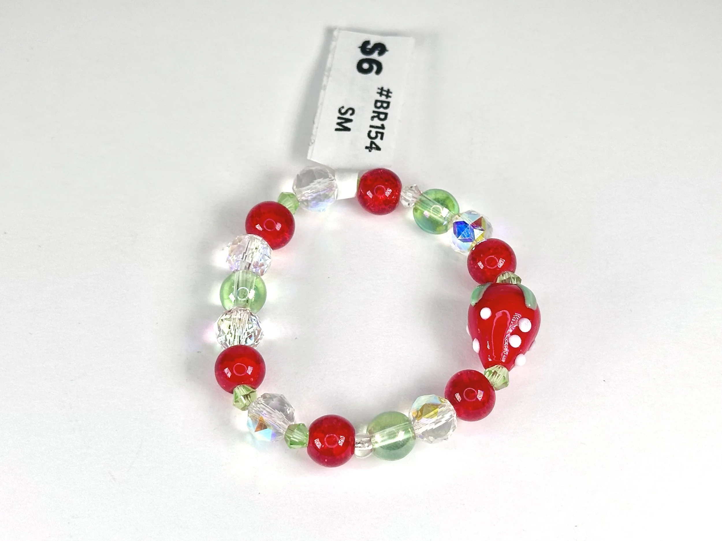 Small Strawberry Glass Charm Beaded Stretch Bracelet | Glass & Acrylic Beaded Bracelet