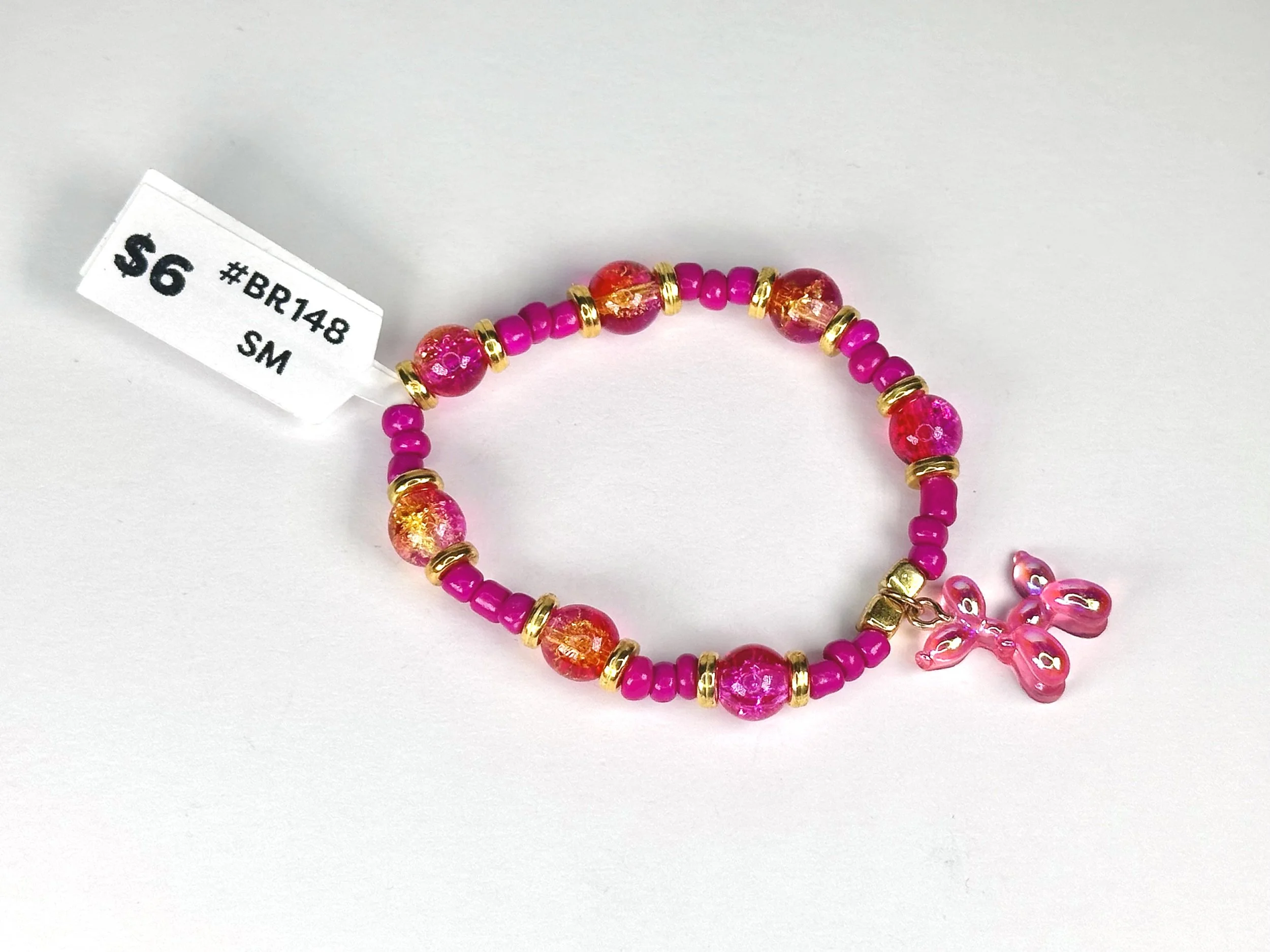 Small Balloon Dog Charm Pink Beaded Stretch Bracelet | Glass Beaded Acrylic Charm Bracelet
