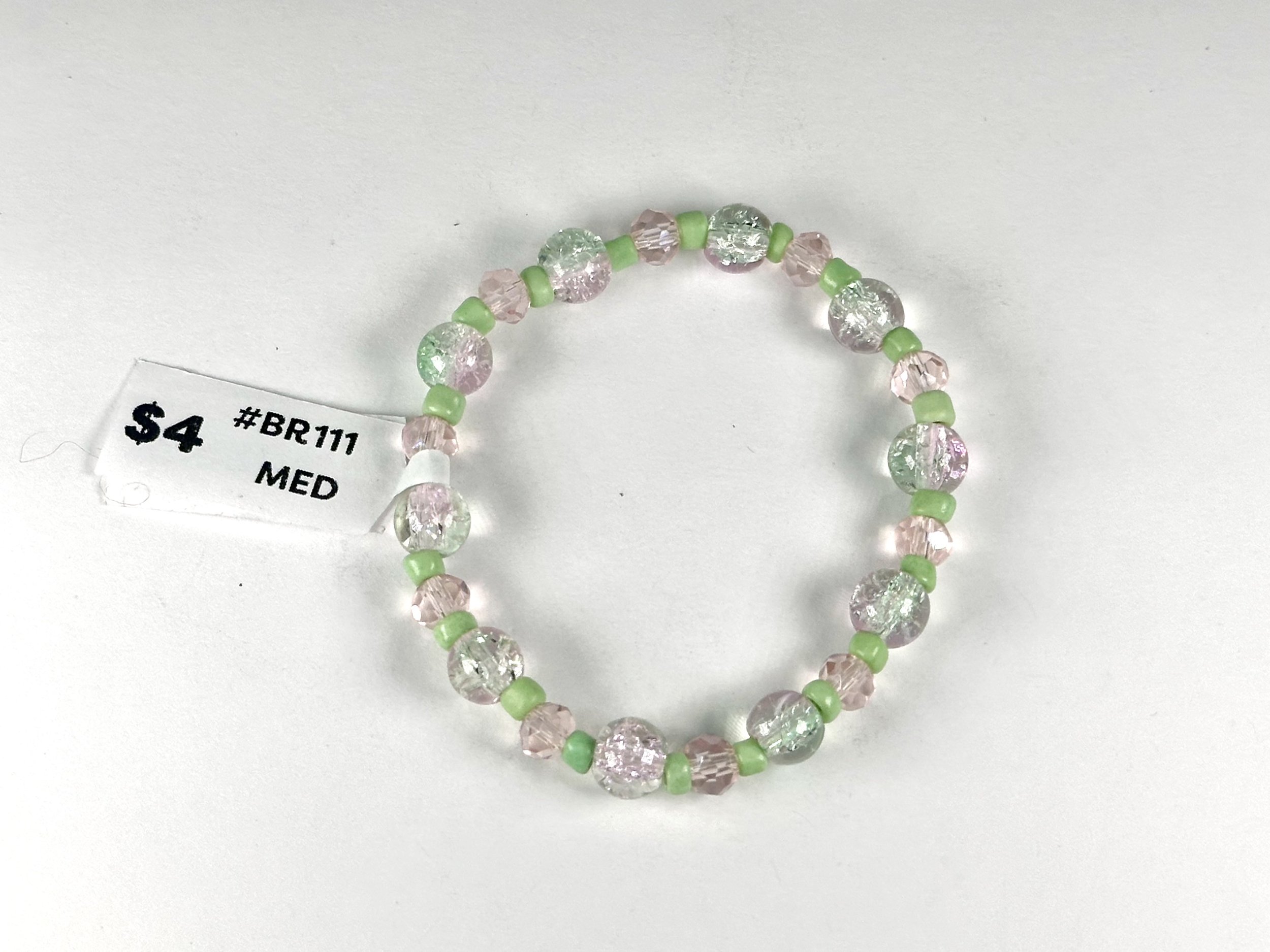 Medium Green & Pink Beaded Stretch Bracelet | Glass & Acrylic Bead Bracelet