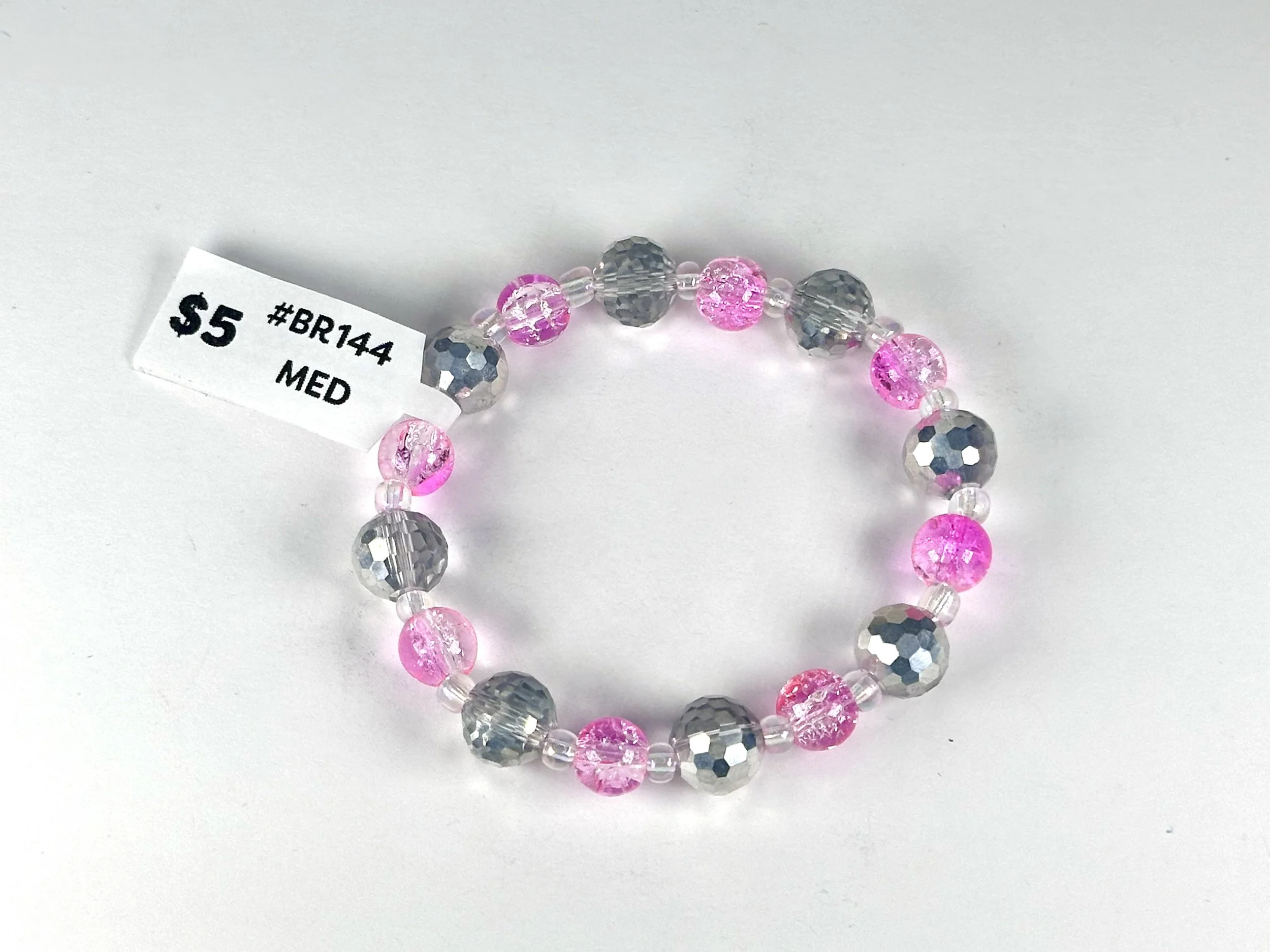 Medium Pink & Disco Beaded Stretch Bracelet | Glass & Acrylic Bead Bracelet