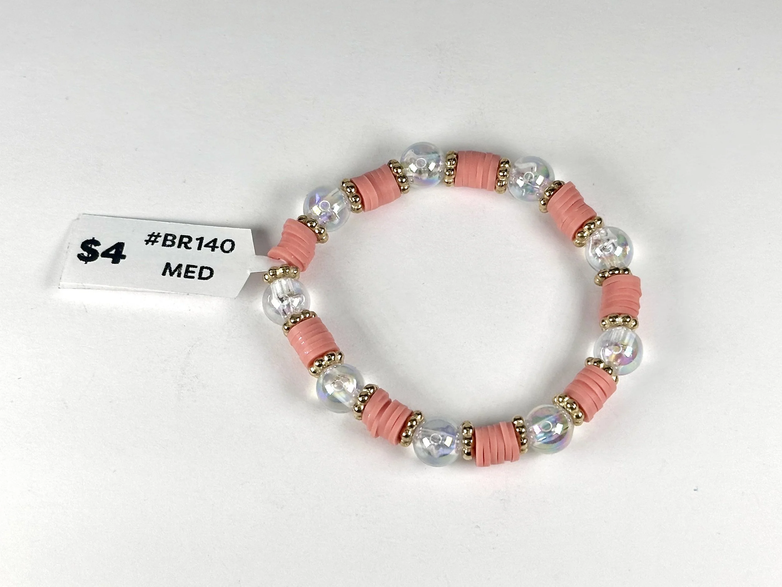 Medium Peach & Gold Beaded Stretch Bracelet | Clay & Acrylic Bead Bracelet