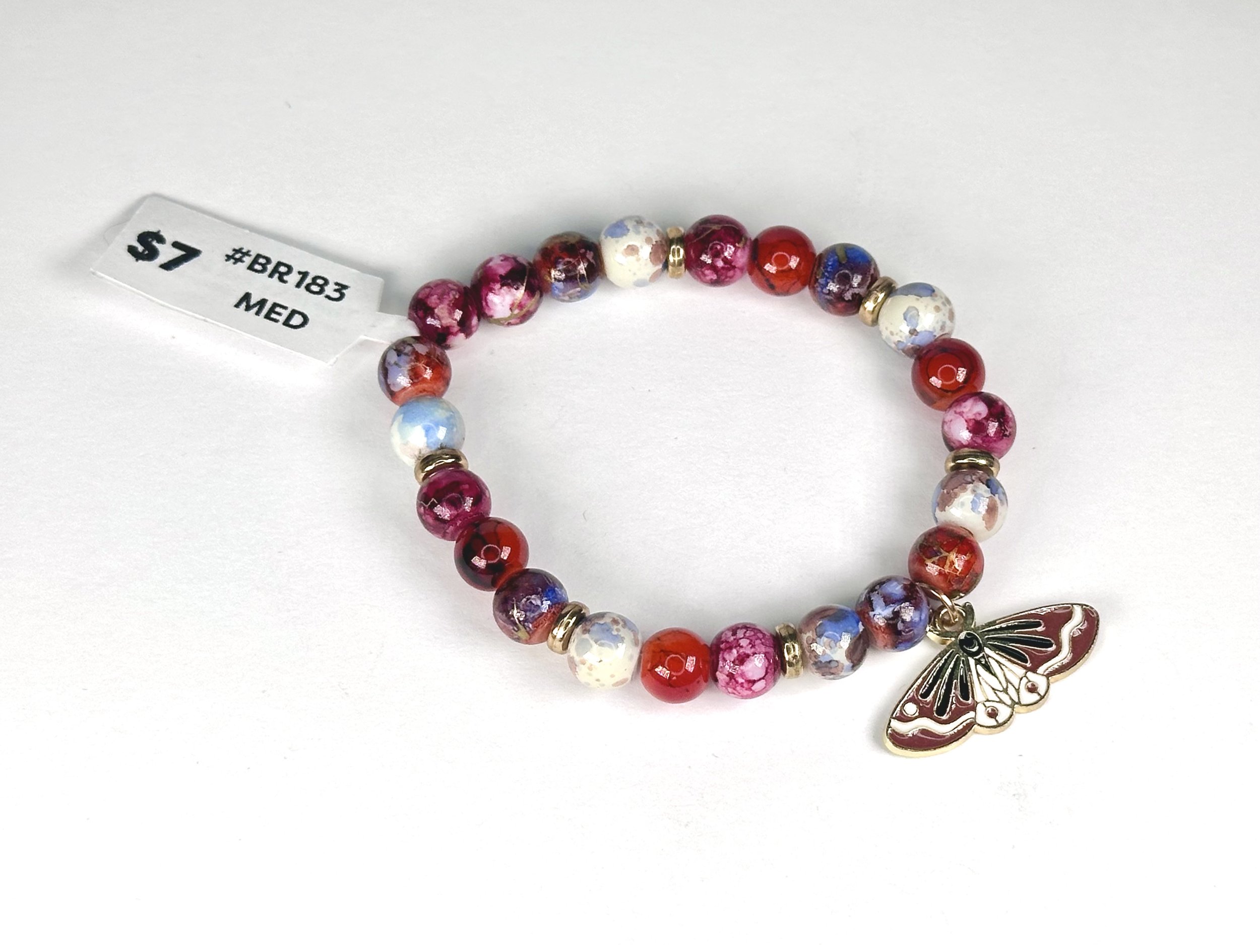 Medium Moth Charm Red Beaded Stretch Bracelet | Glass & Acrylic Beaded Metal Charm Bracelet