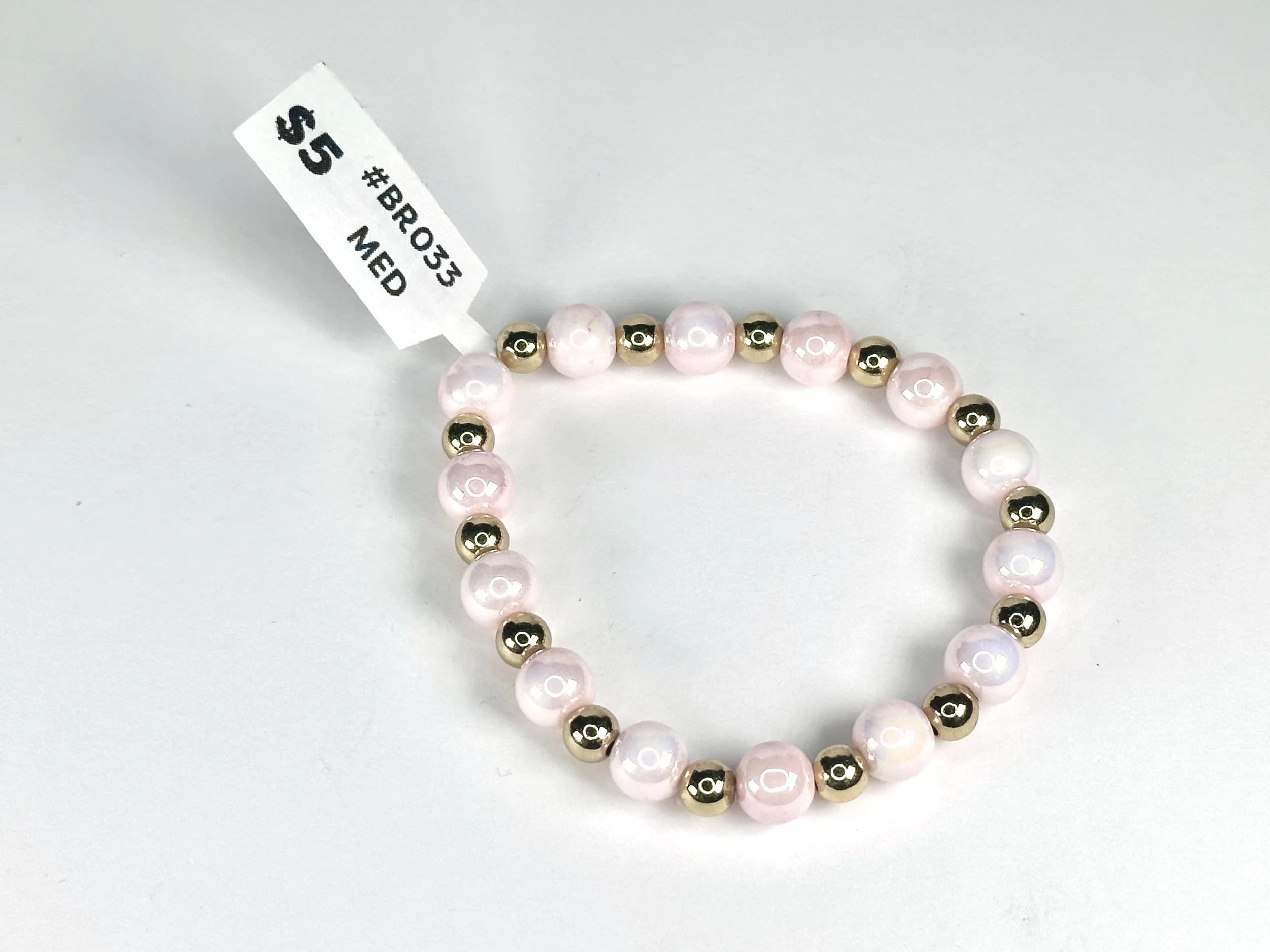 Medium Pink & Gold Beaded Stretch Bracelet | Glass & Acrylic Beaded Bracelet