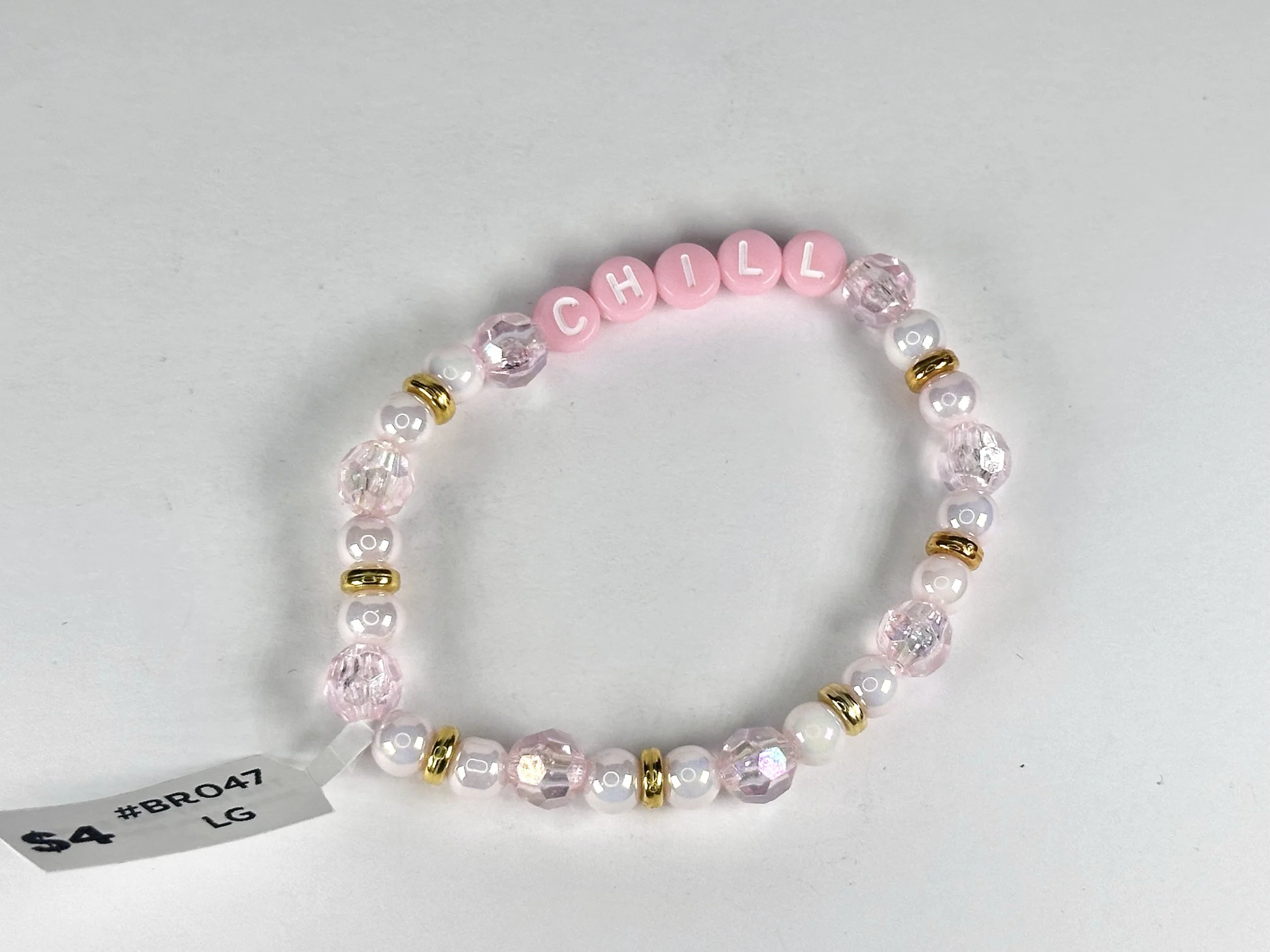 Large "Chill" Pink & Gold Beaded Stretch Bracelet | Acrylic Bead Bracelet