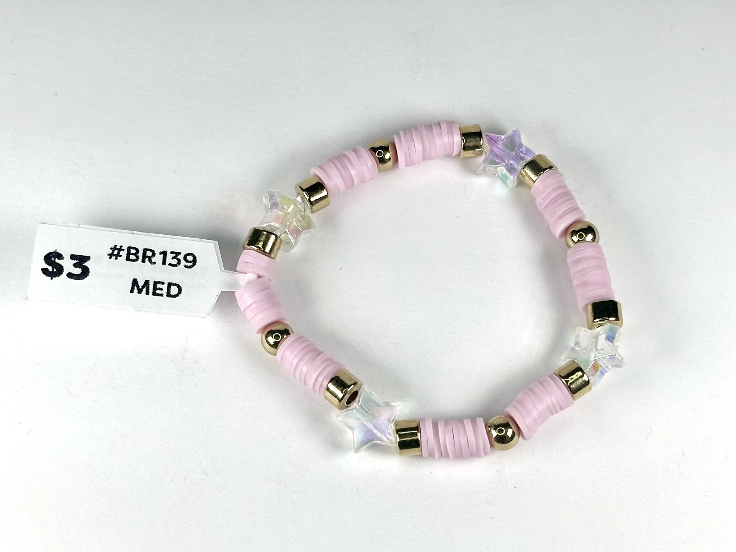 Medium Pink & Gold Beaded Stretch Bracelet | Clay & Acrylic Bead Bracelet