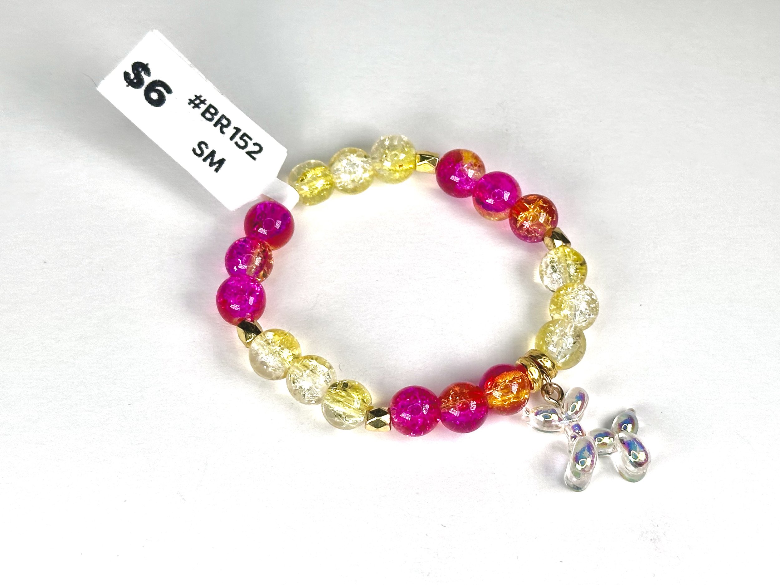 Small Balloon Dog Charm Pink & Yellow Beaded Stretch Bracelet | Glass Beaded Acrylic Charm Bracelet