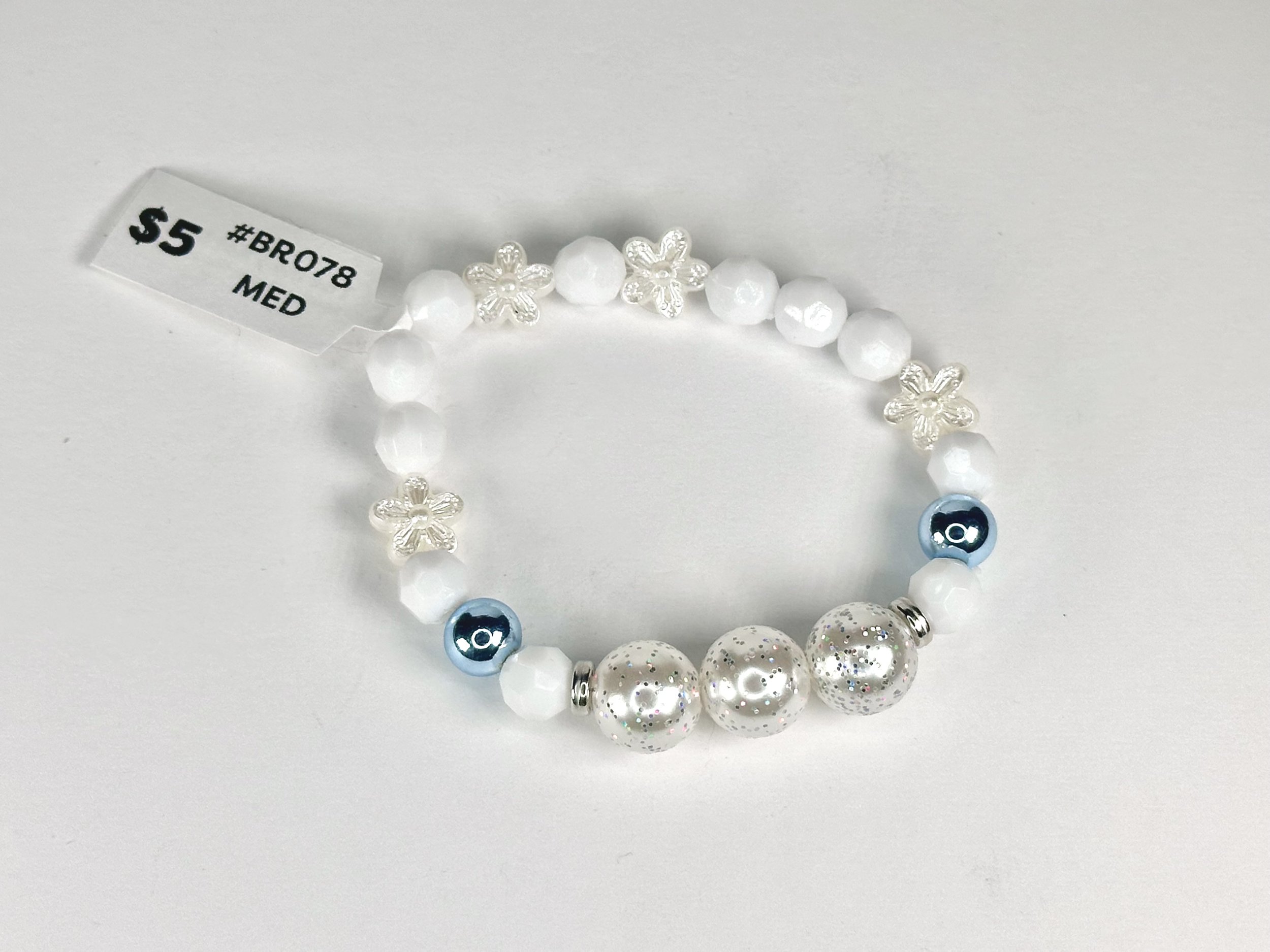 Medium Pearl Sparkle & Blue Beaded Stretch Bracelet | Glass and Acrylic Bead Bracelet