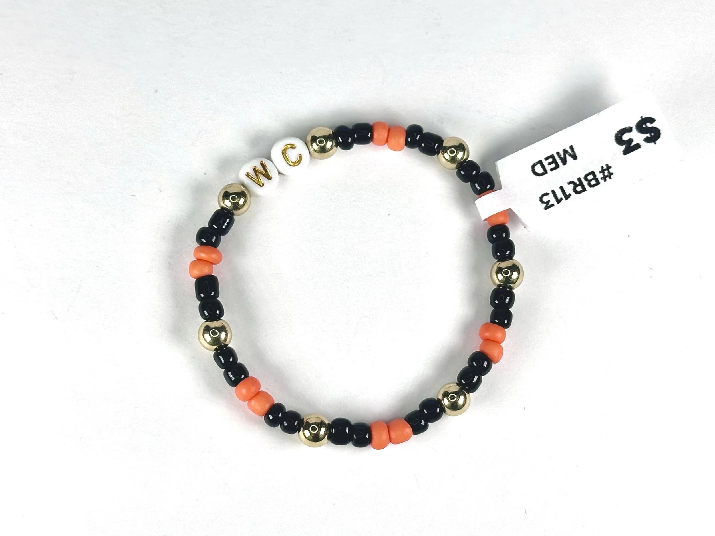 Medium Orange & Black "WC" Beaded Stretch Bracelet | Seed Bead Bracelet