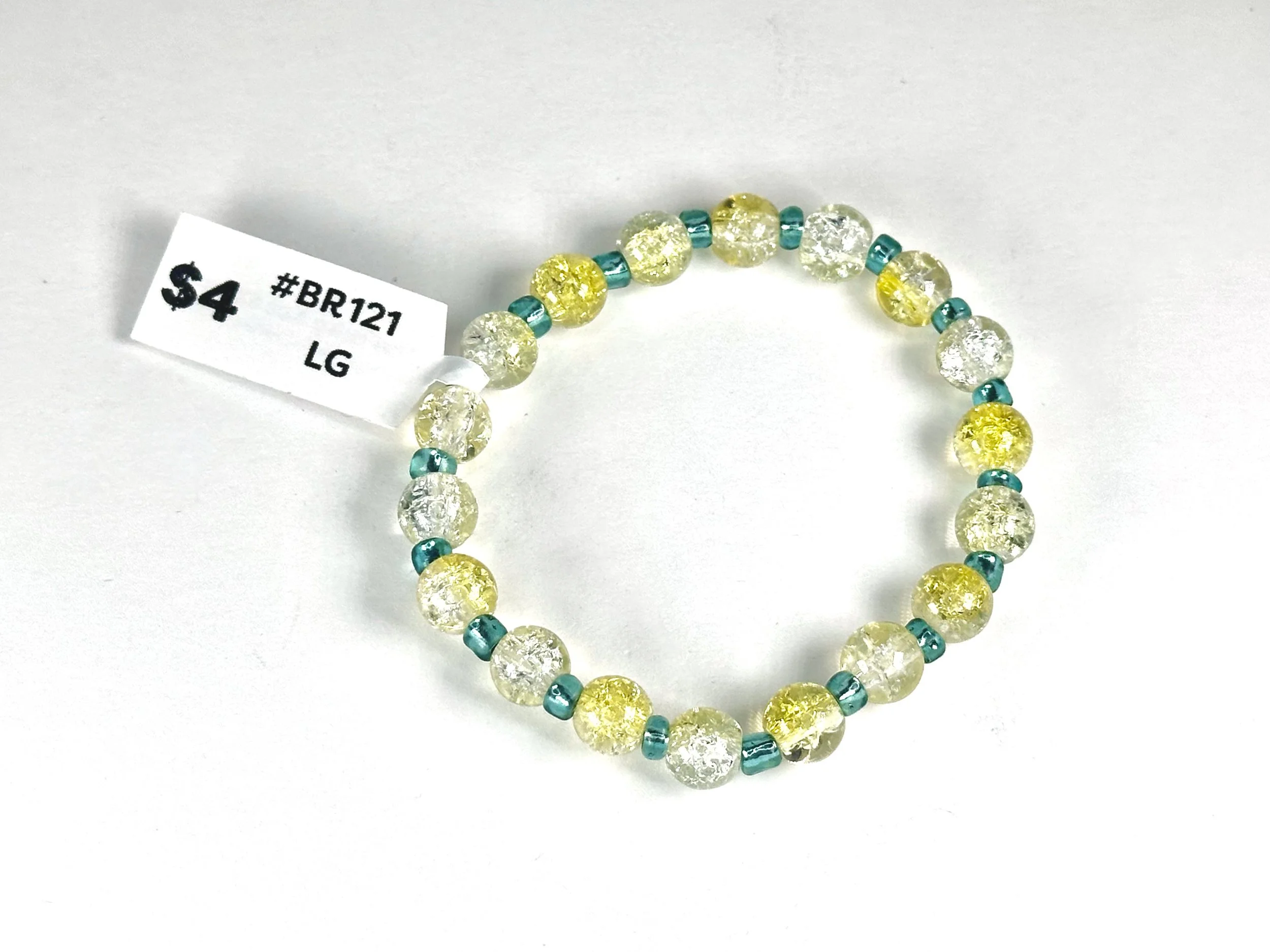 Large Yellow & Teal Beaded Stretch Bracelet | Glass Bead Bracelet