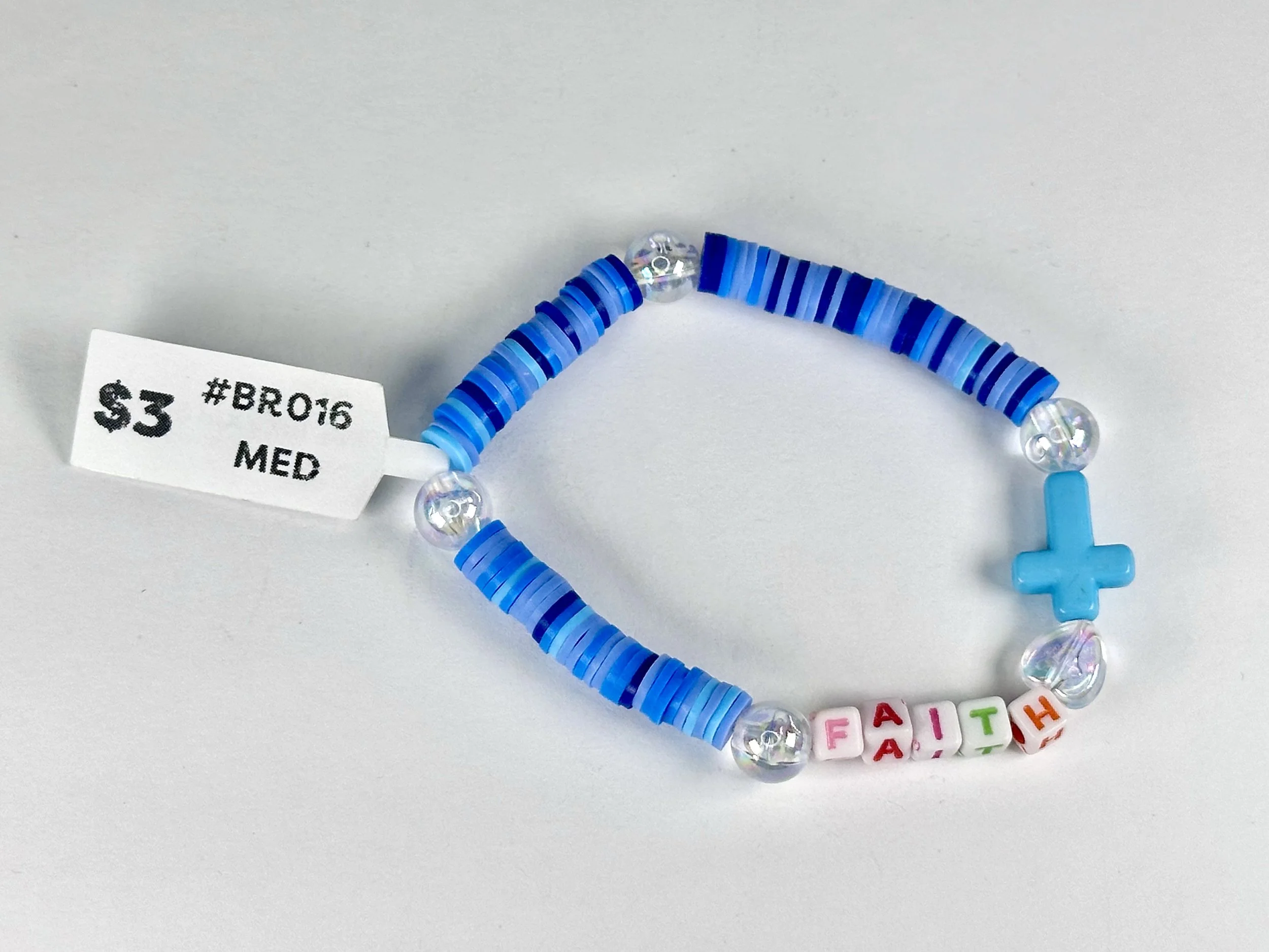 Medium "Faith" Blue  Beaded Stretch Bracelet | Clay Bead Bracelet With Cross Charm