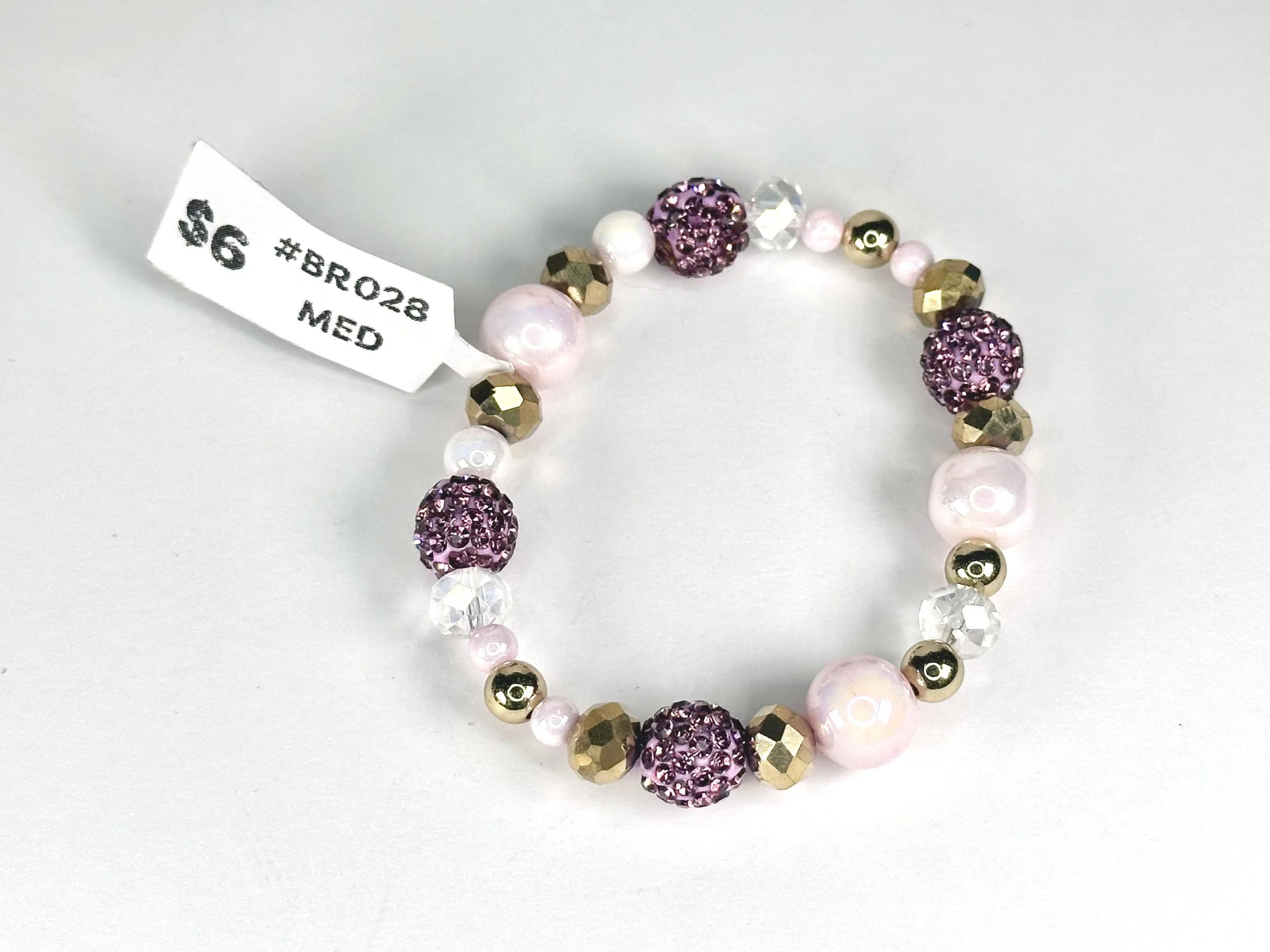 Medium Purple & Pink Beaded Stretch Bracelet | Acrylic, Crystal & Glass Beaded Bracelet