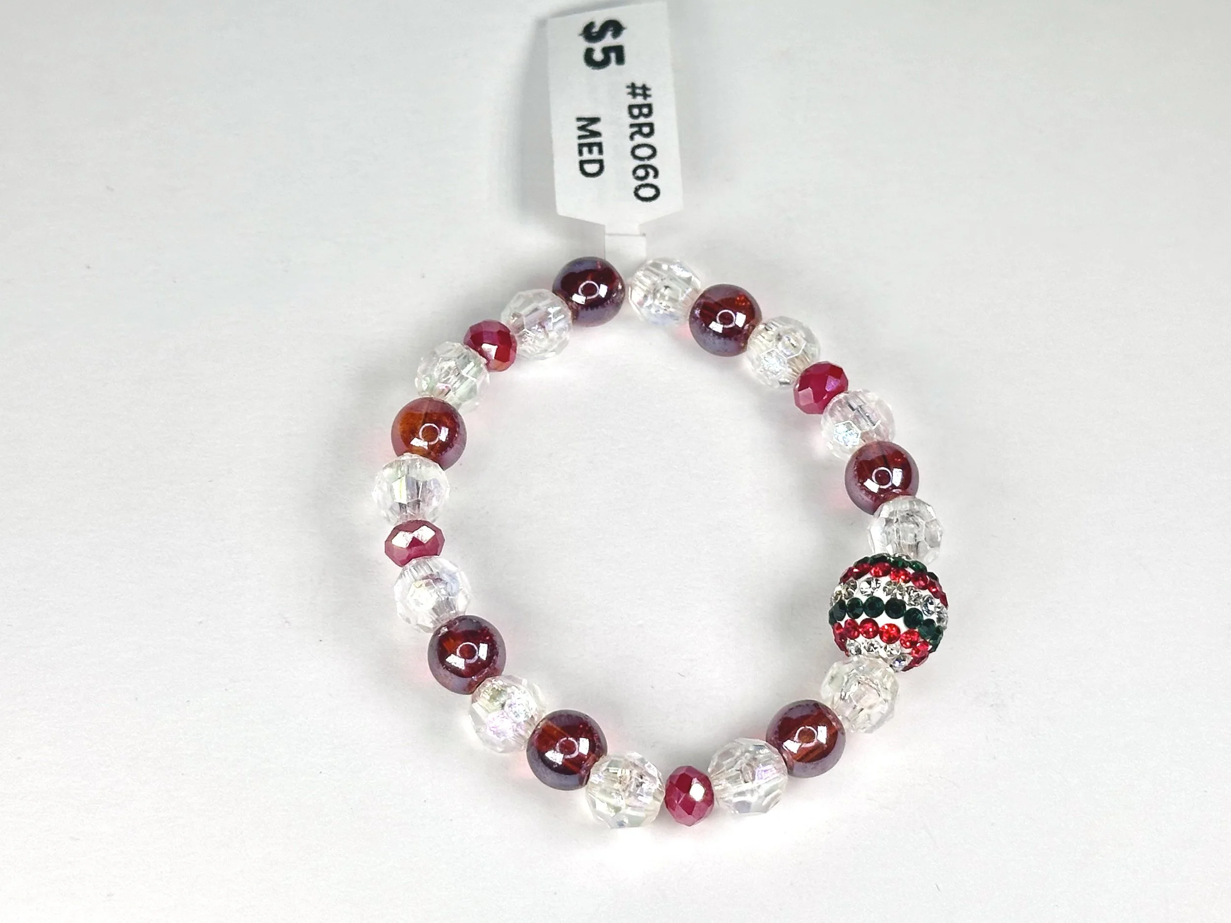 Medium Red and Green Beaded Stretch Bracelet | Glass & Acrylic Beaded Bracelet