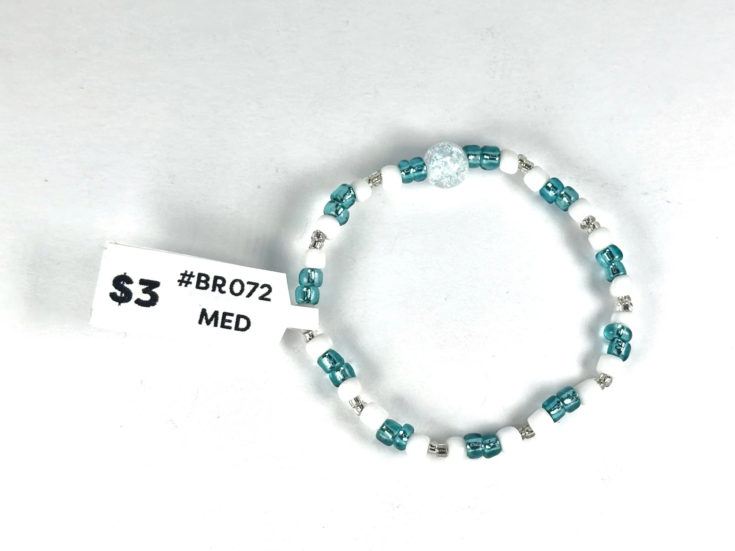 Medium Teal & White Beaded Stretch Bracelet | Seed Bead Bracelet