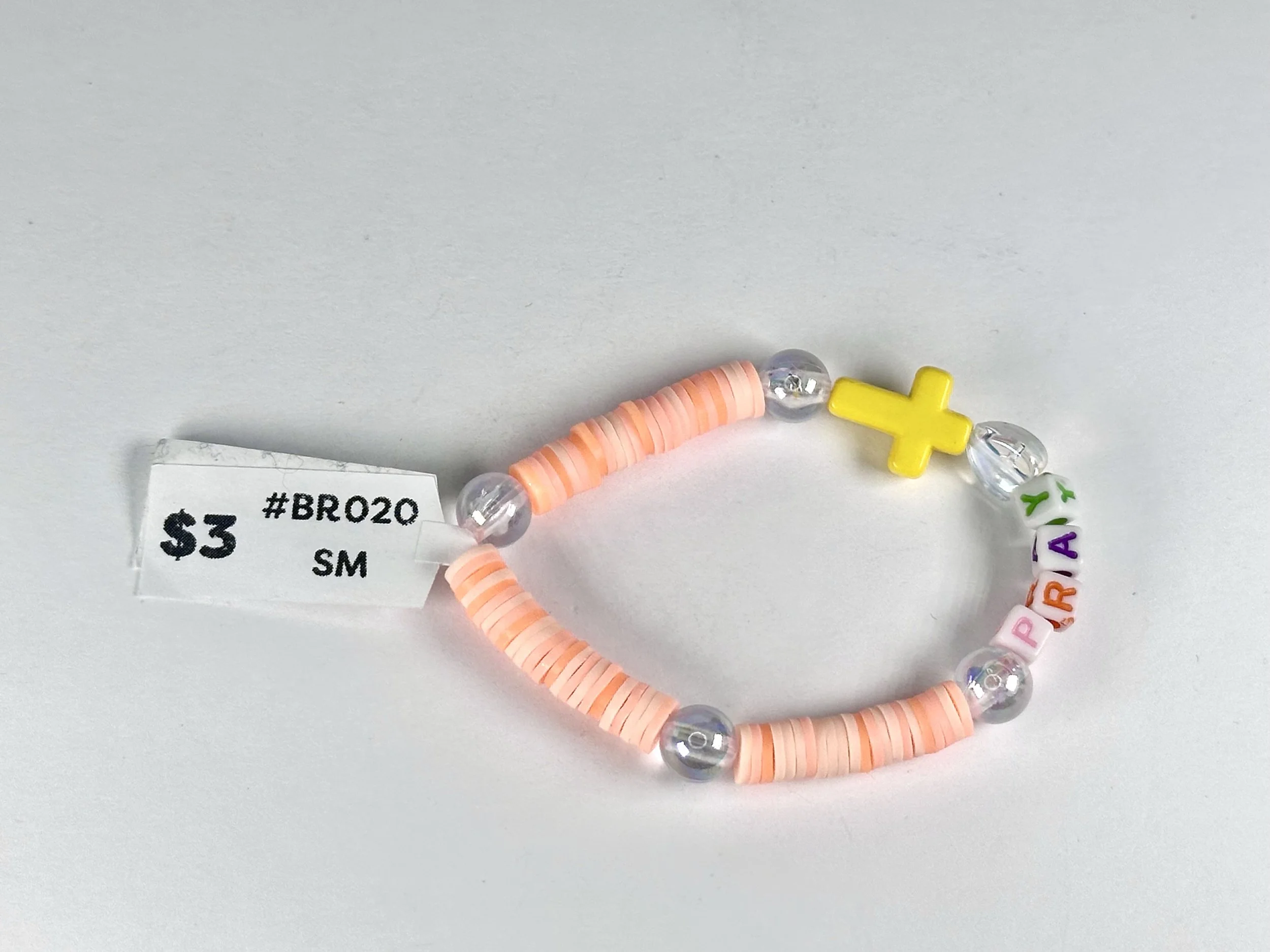 Small "Pray" Orange Beaded Stretch Bracelet | Clay Bead Bracelet With Yellow Cross Charm