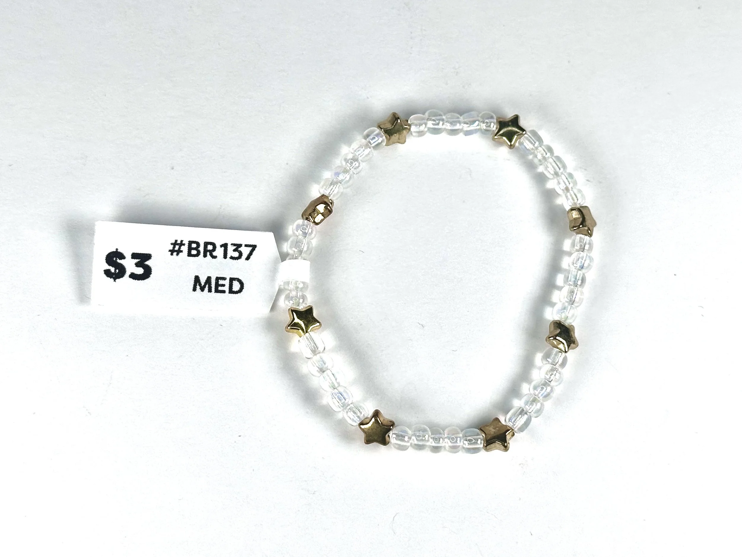 Medium Clear & Gold Stars Beaded Stretch Bracelet | Seed Bead Bracelet