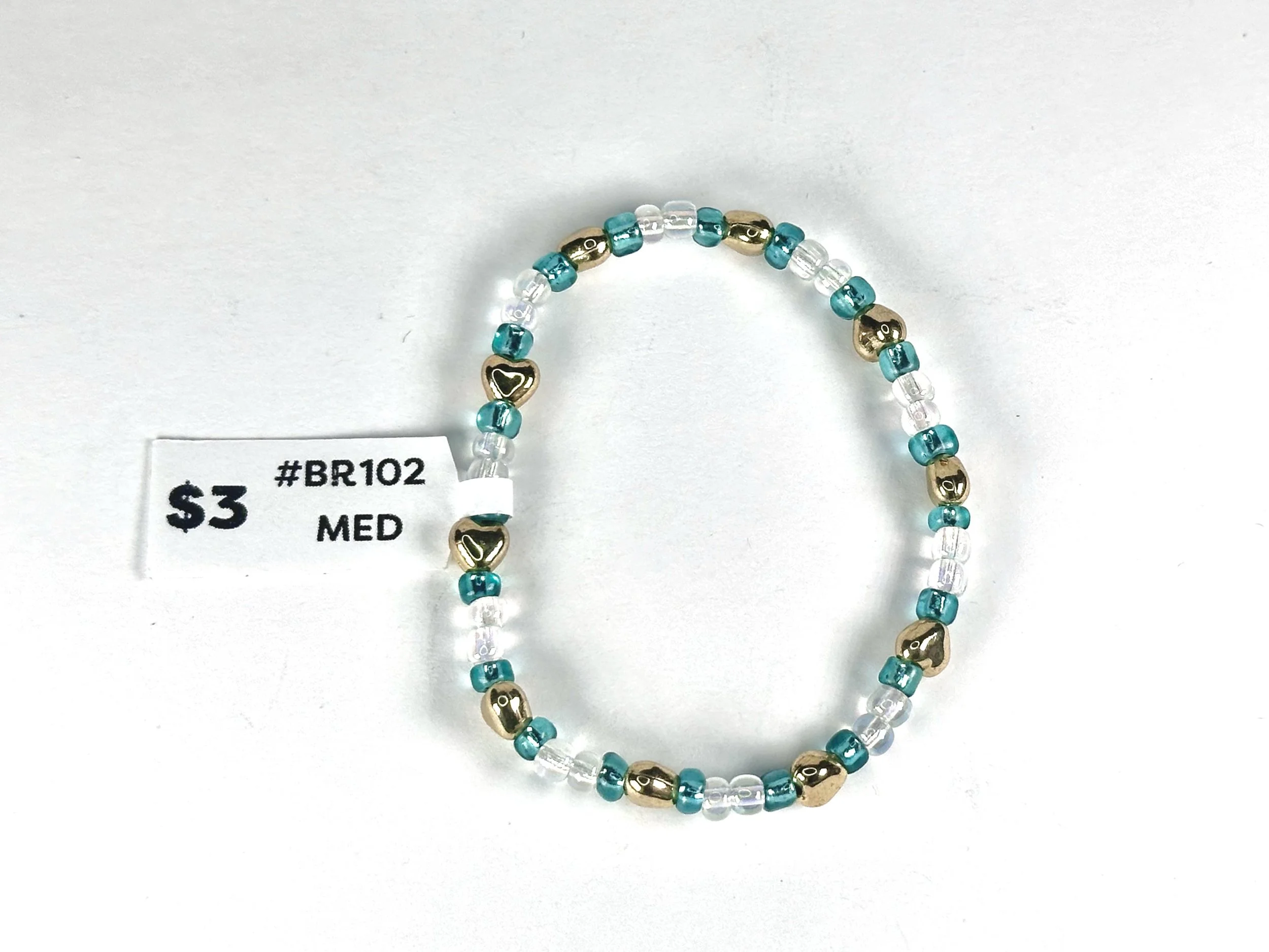 Medium Gold Hearts, Teal & Clear Beaded Stretch Bracelet | Seed Bead Bracelet