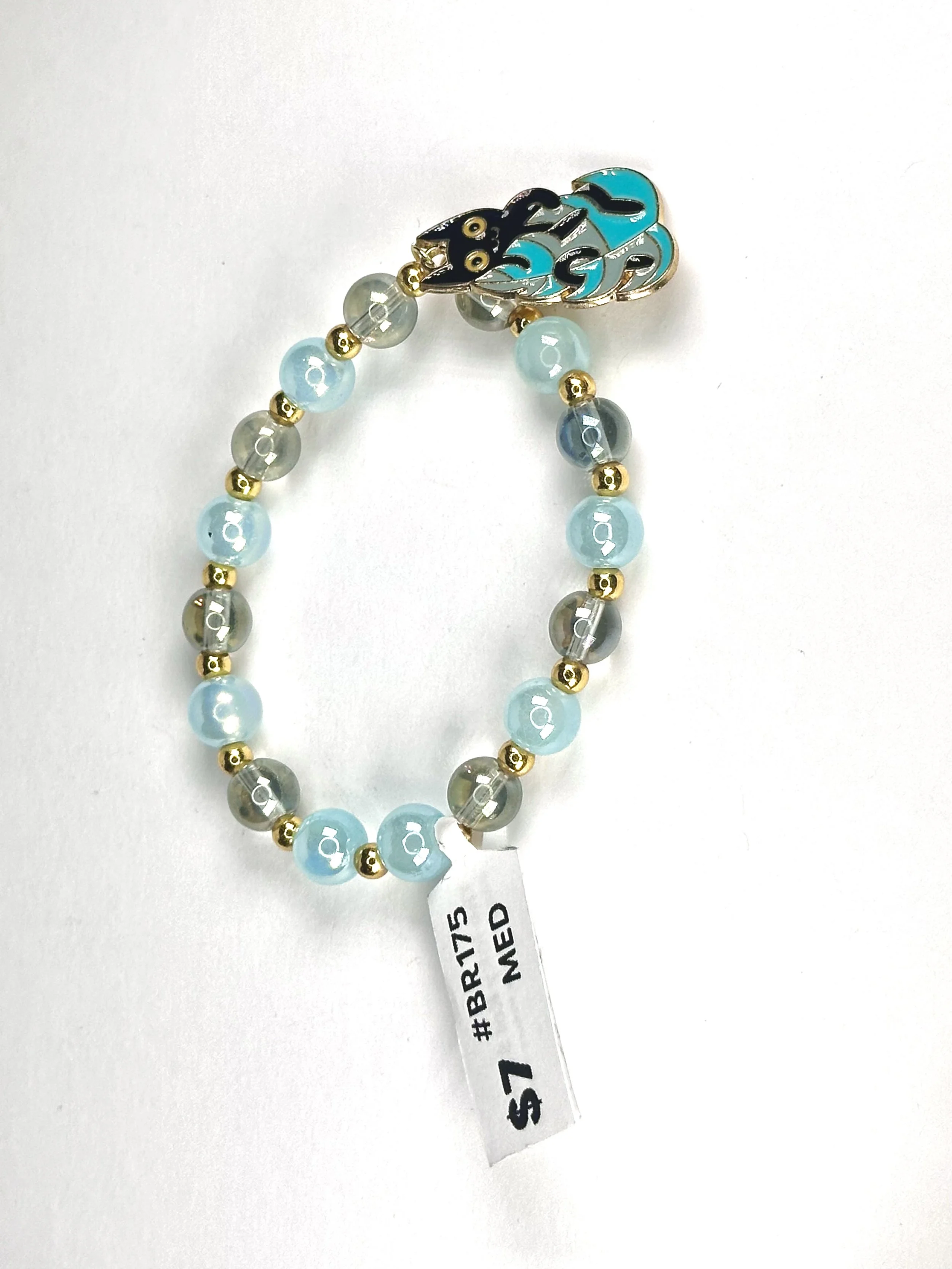 Medium Cat Charm Blue & Gold Beaded Stretch Bracelet | Glass & Acrylic Beaded Metal Charm Bracelet