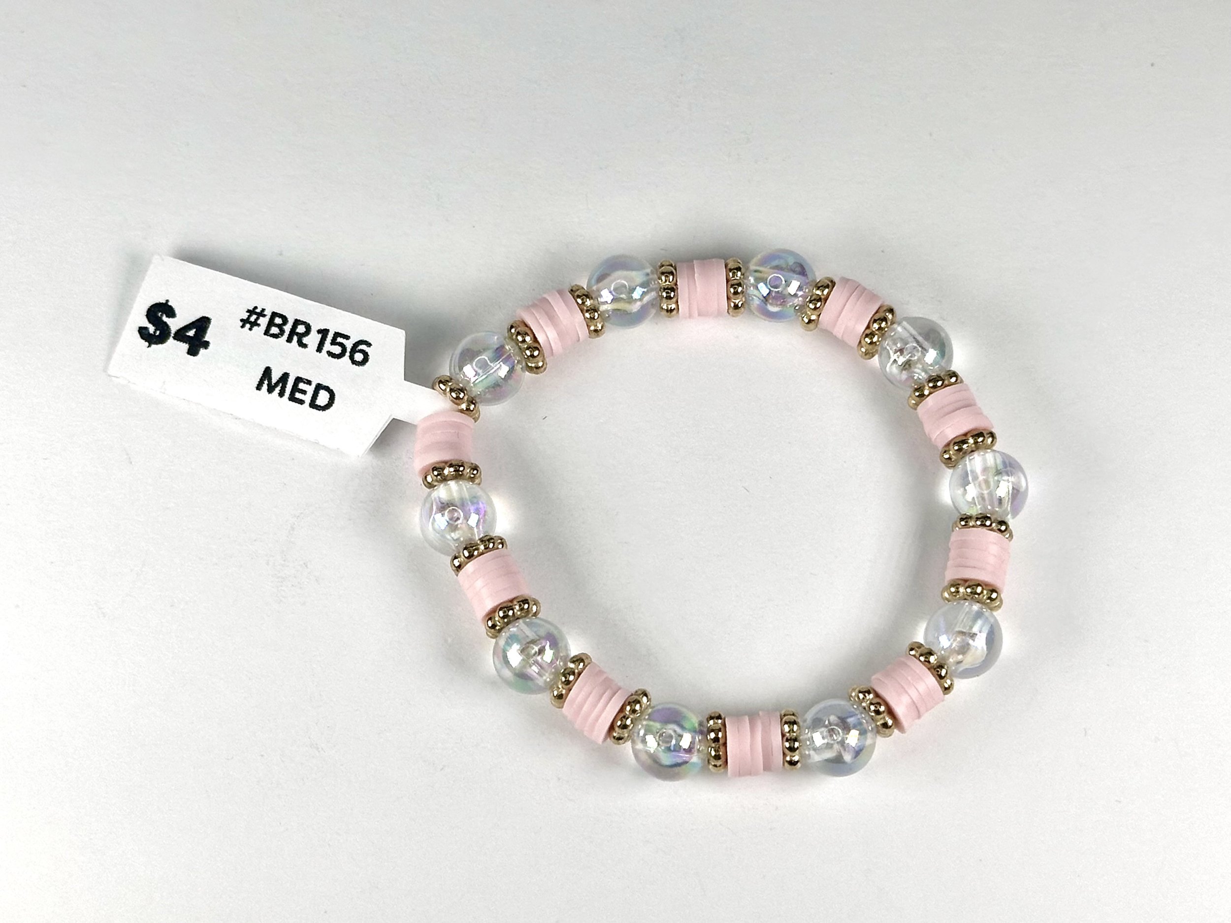 Medium Pastel Pink & Gold Beaded Stretch Bracelet | Clay & Acrylic Bead Bracelet