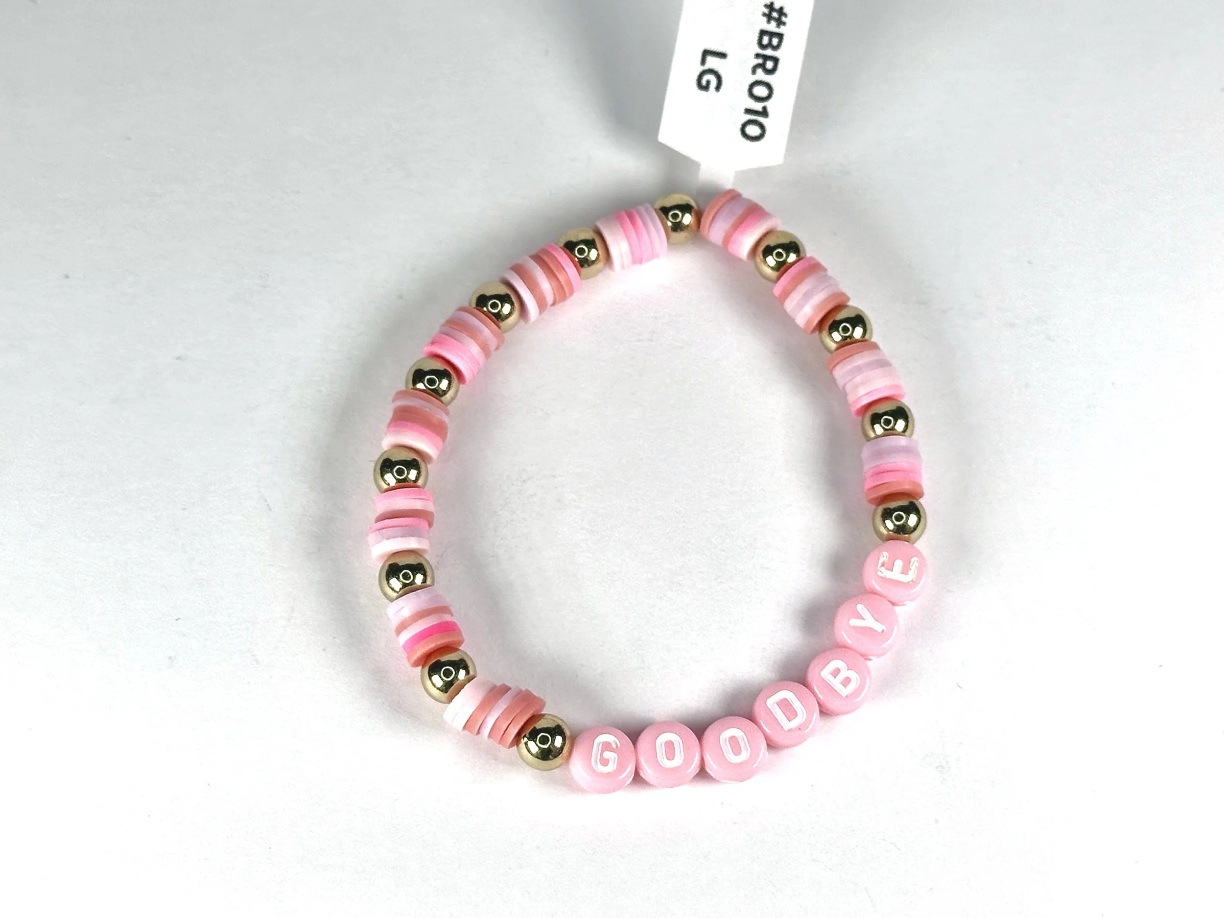 Large "Goodbye" Pink Beaded Stretch Bracelet | Clay and Acrylic Bead Bracelet