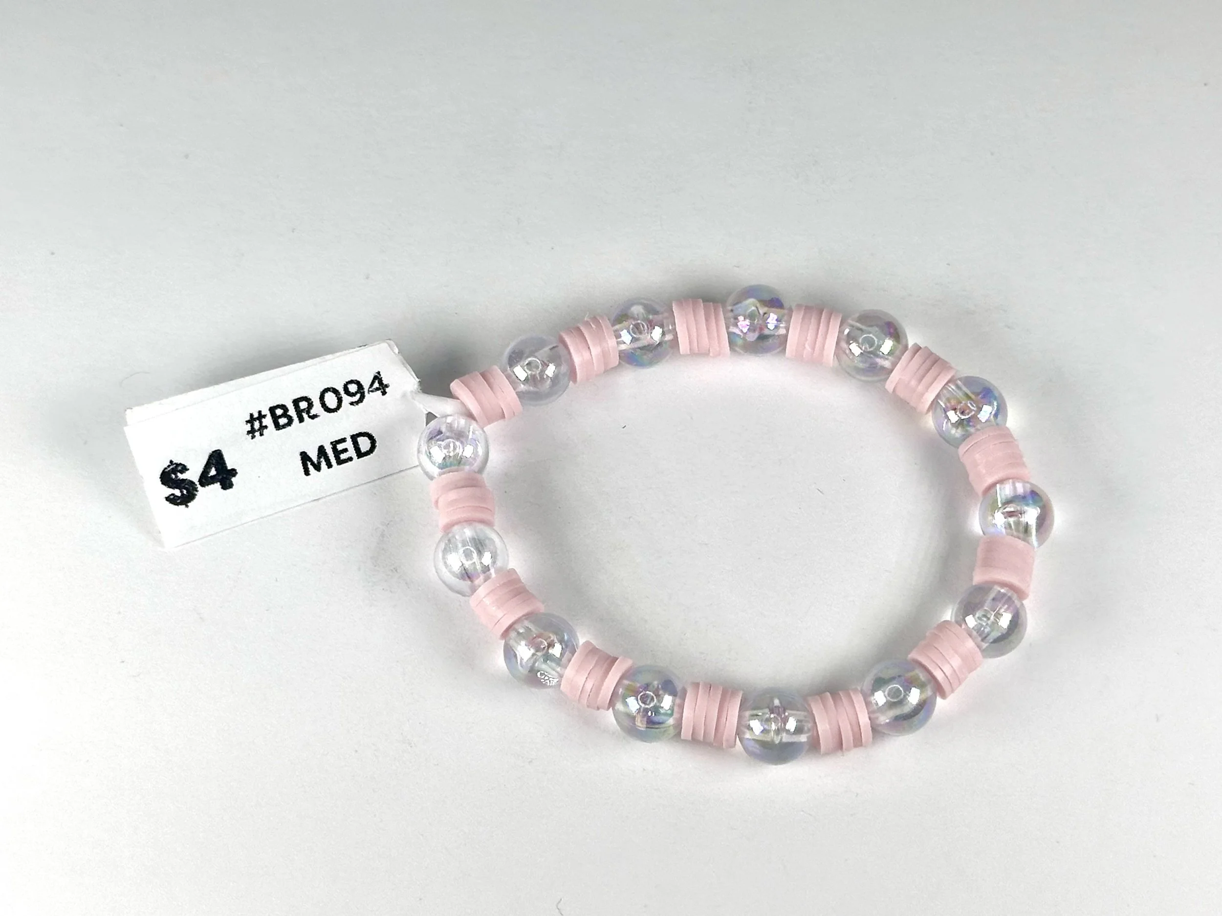 Medium Clear & Pink Beaded Stretch Bracelet | Clay and Acrylic Bead Bracelet