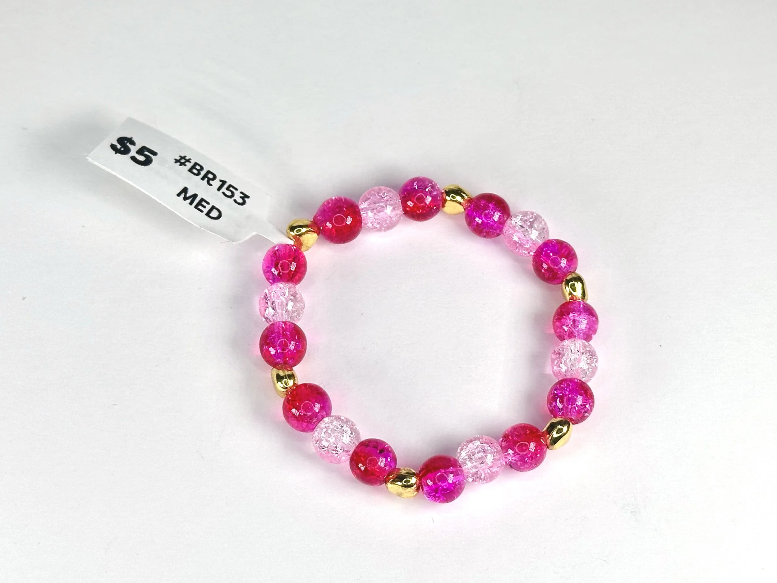 Med Pink & Gold Beaded Stretch Bracelet | Glass Bead Bracelet