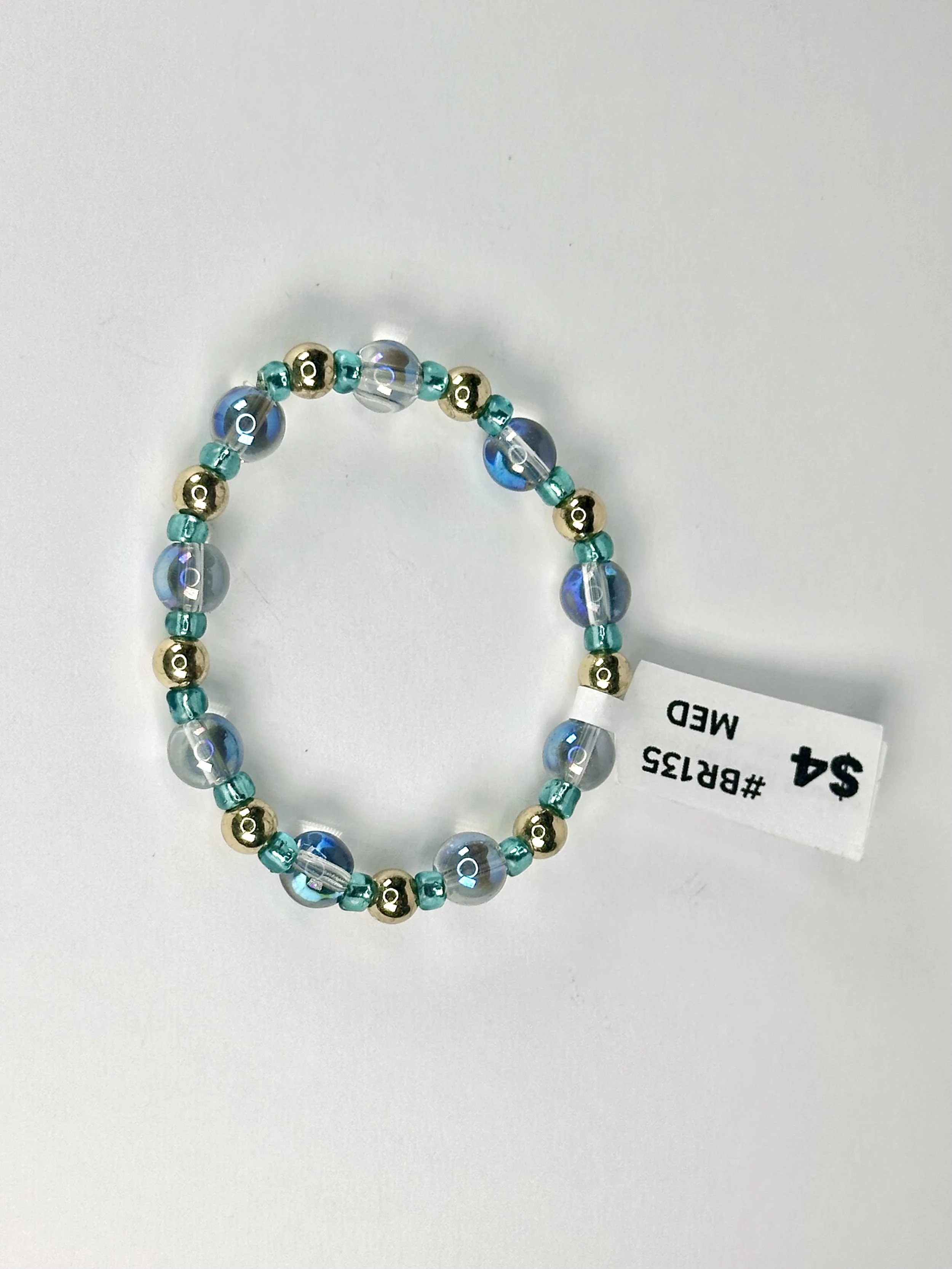 Medium Gold & Teal Beaded Stretch Bracelet | Seed & Glass Bead Bracelet