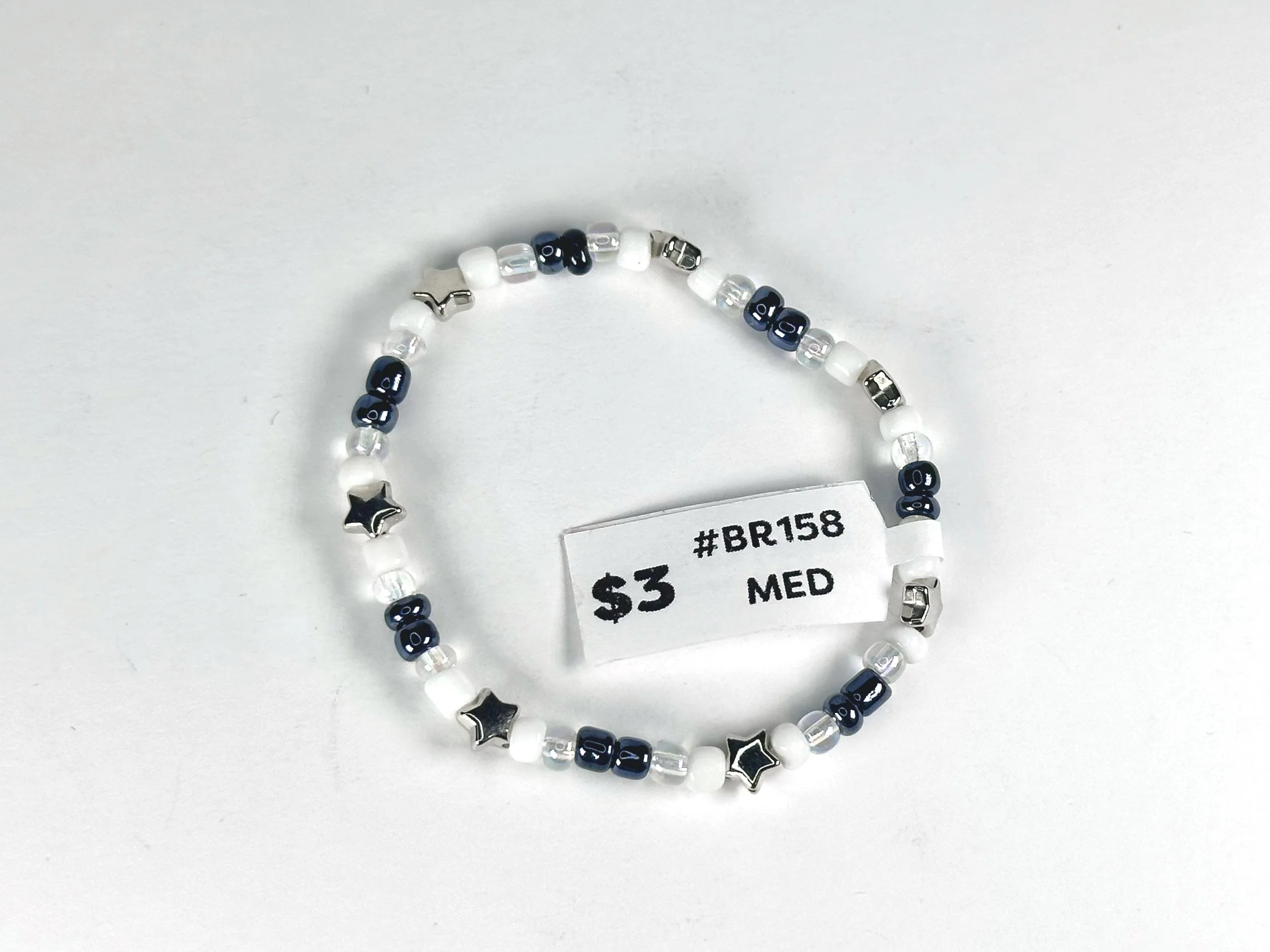 Medium White, Blue & Silver Star Beaded Stretch Bracelet | Seed Bead Bracelet