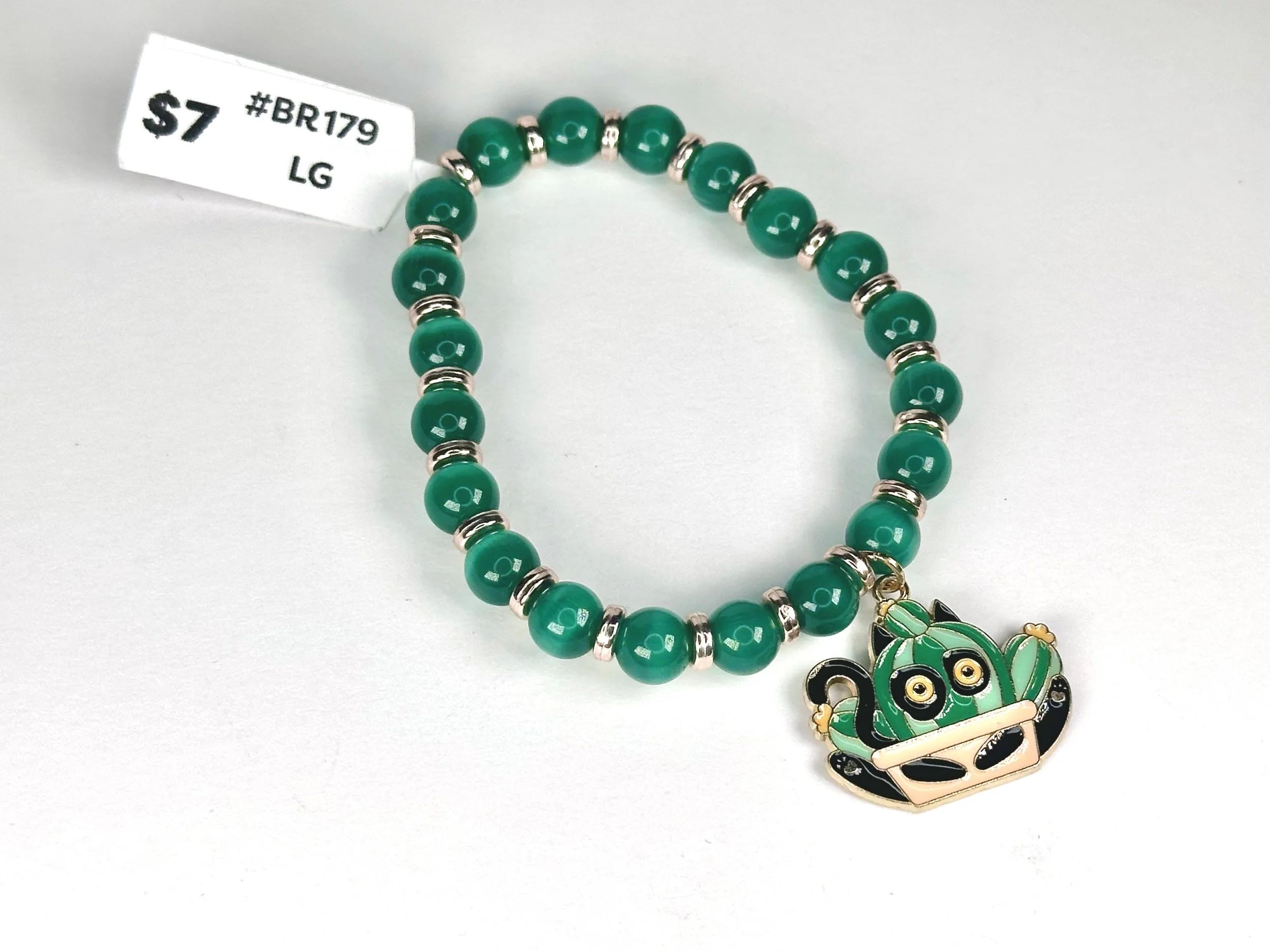 Large Cat Charm Green & Gold Beaded Stretch Bracelet | Glass & Acrylic Beaded Metal Charm Bracelet
