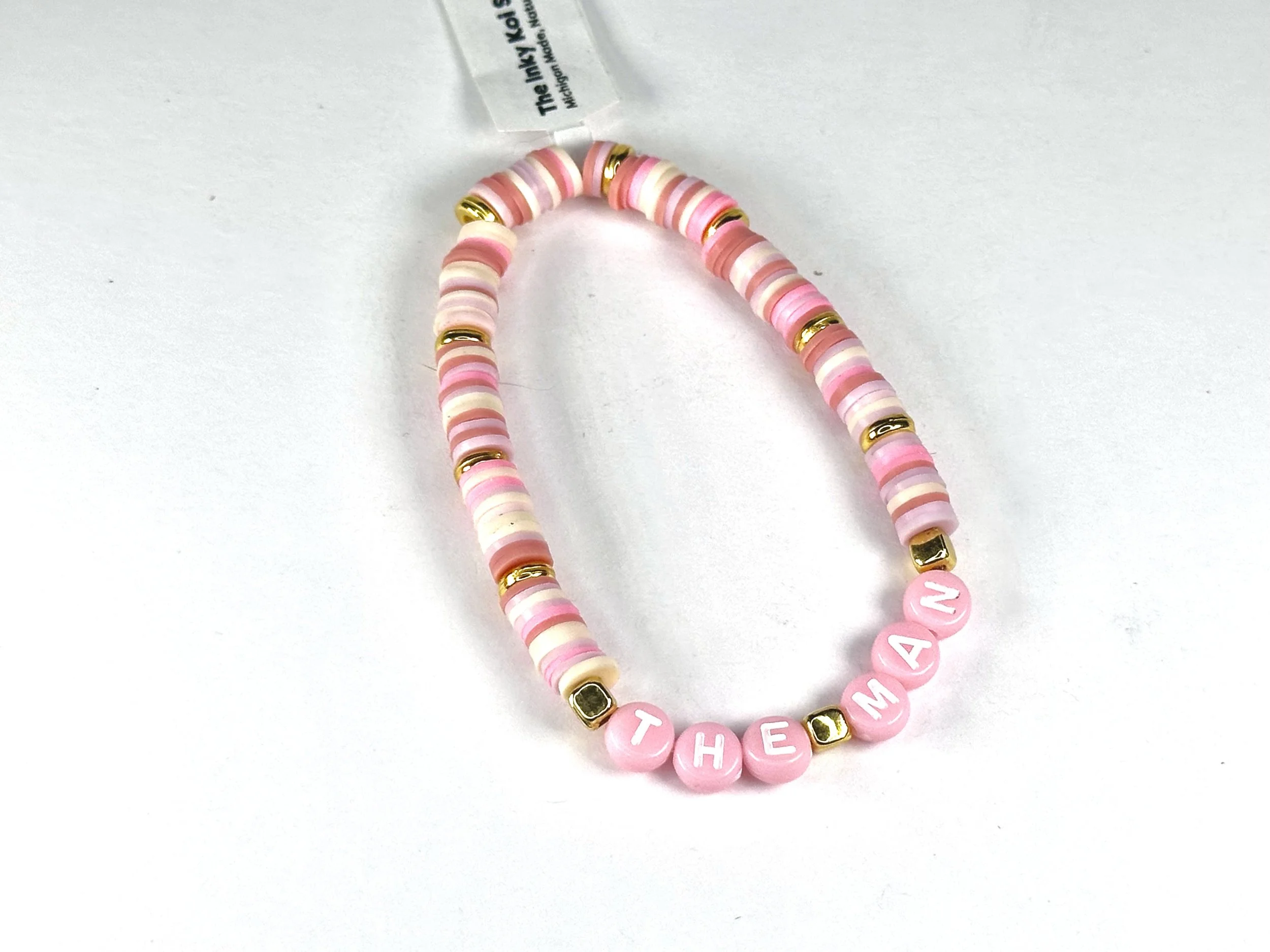 Large "The Man" Pink & Gold Beaded Stretch Bracelet | Clay Beaded Bracelet