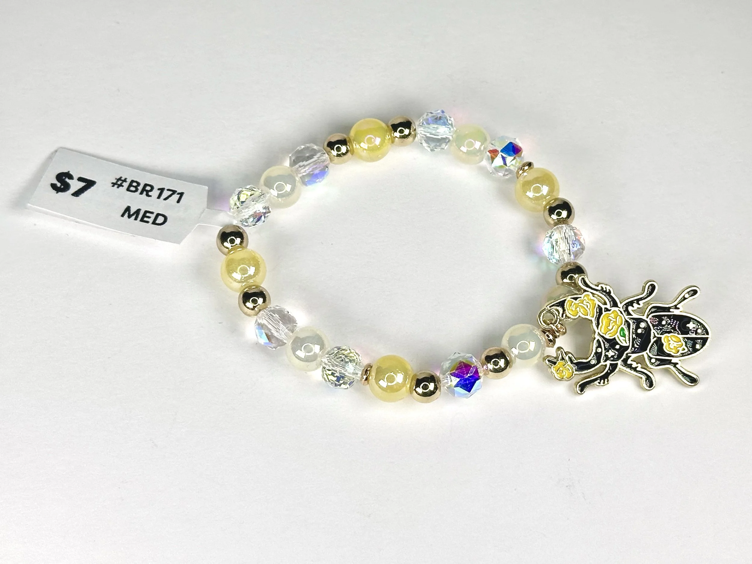 Medium Beetle Charm Yellow & Gold Beaded Stretch Bracelet | Glass & Acrylic Beaded Metal Charm Bracelet