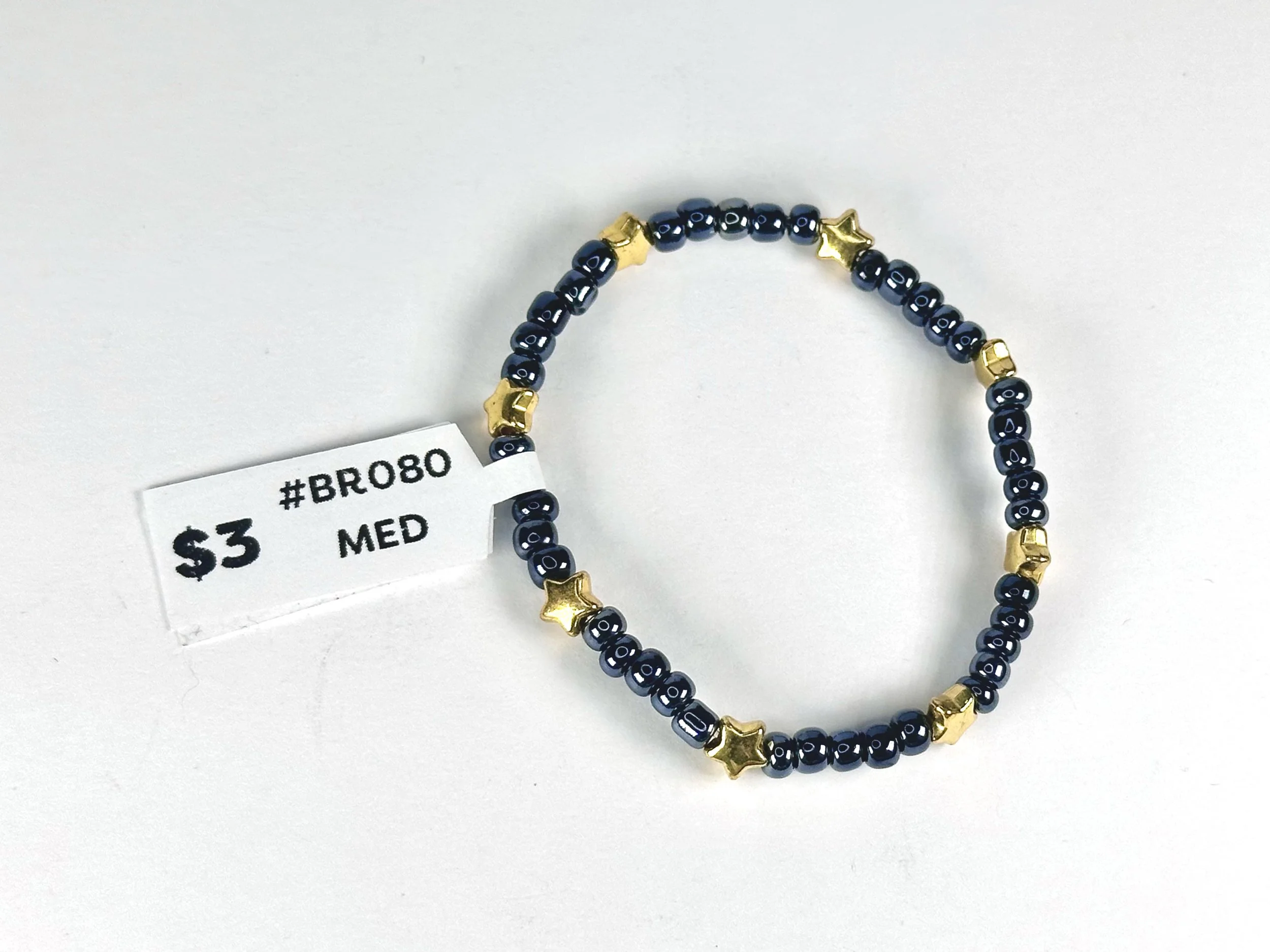 Medium Blue & Gold Star Beaded Stretch Bracelet | Seed Bead Bracelet