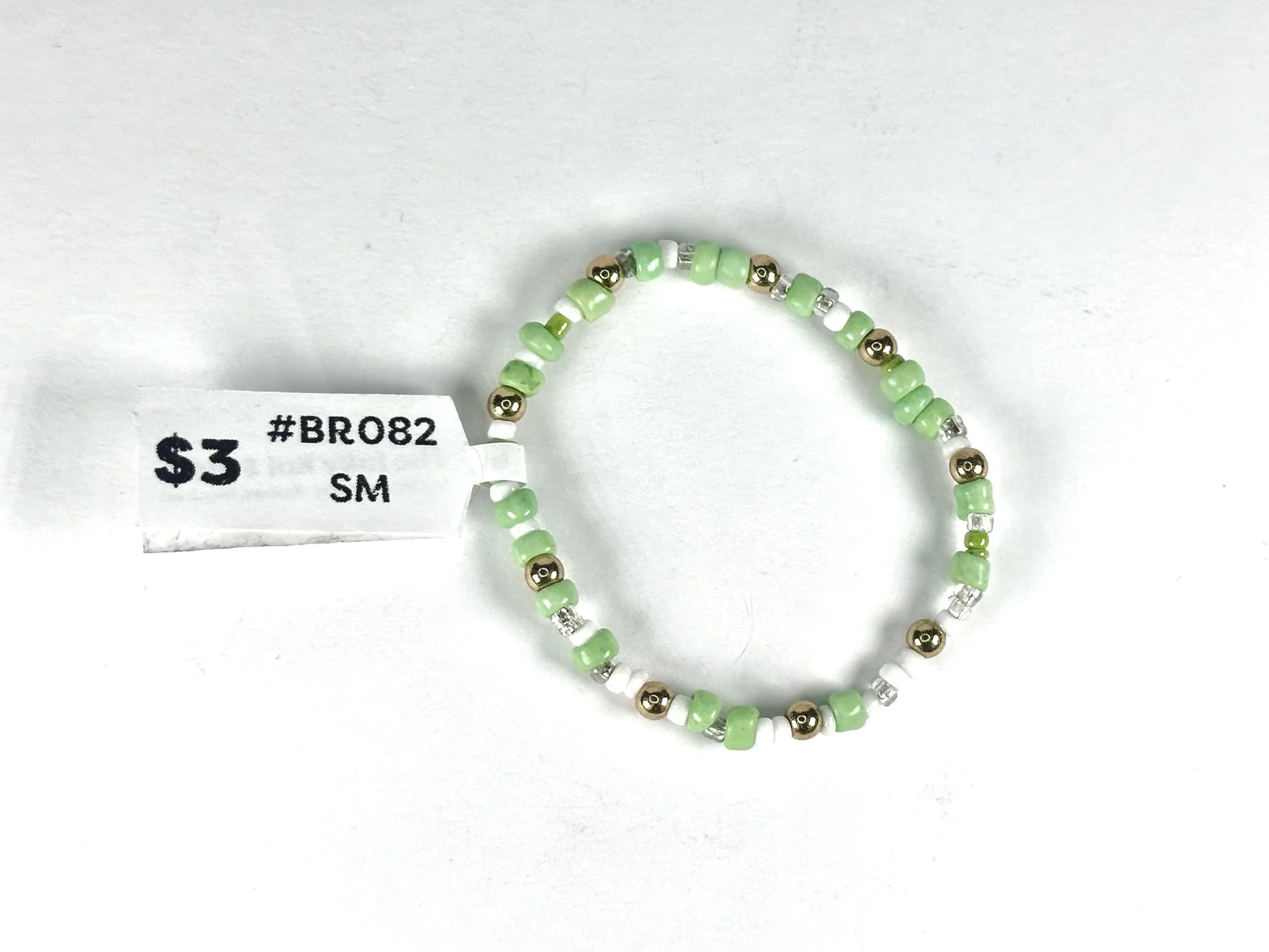 Small Green & White Beaded Stretch Bracelet | Seed Bead Bracelet