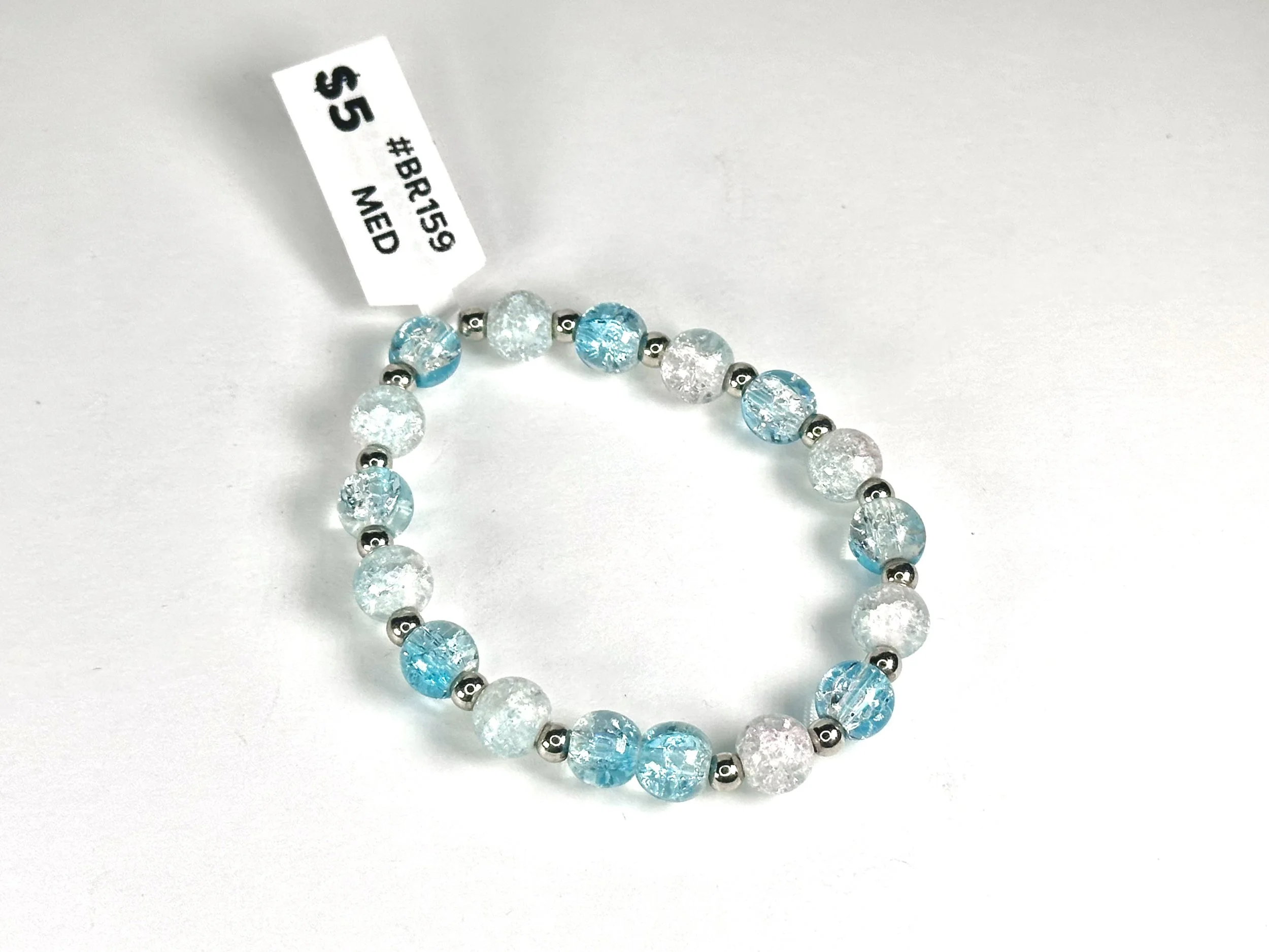 Med Blue & Clear Beaded Stretch Bracelet | Glass Bead Bracelet