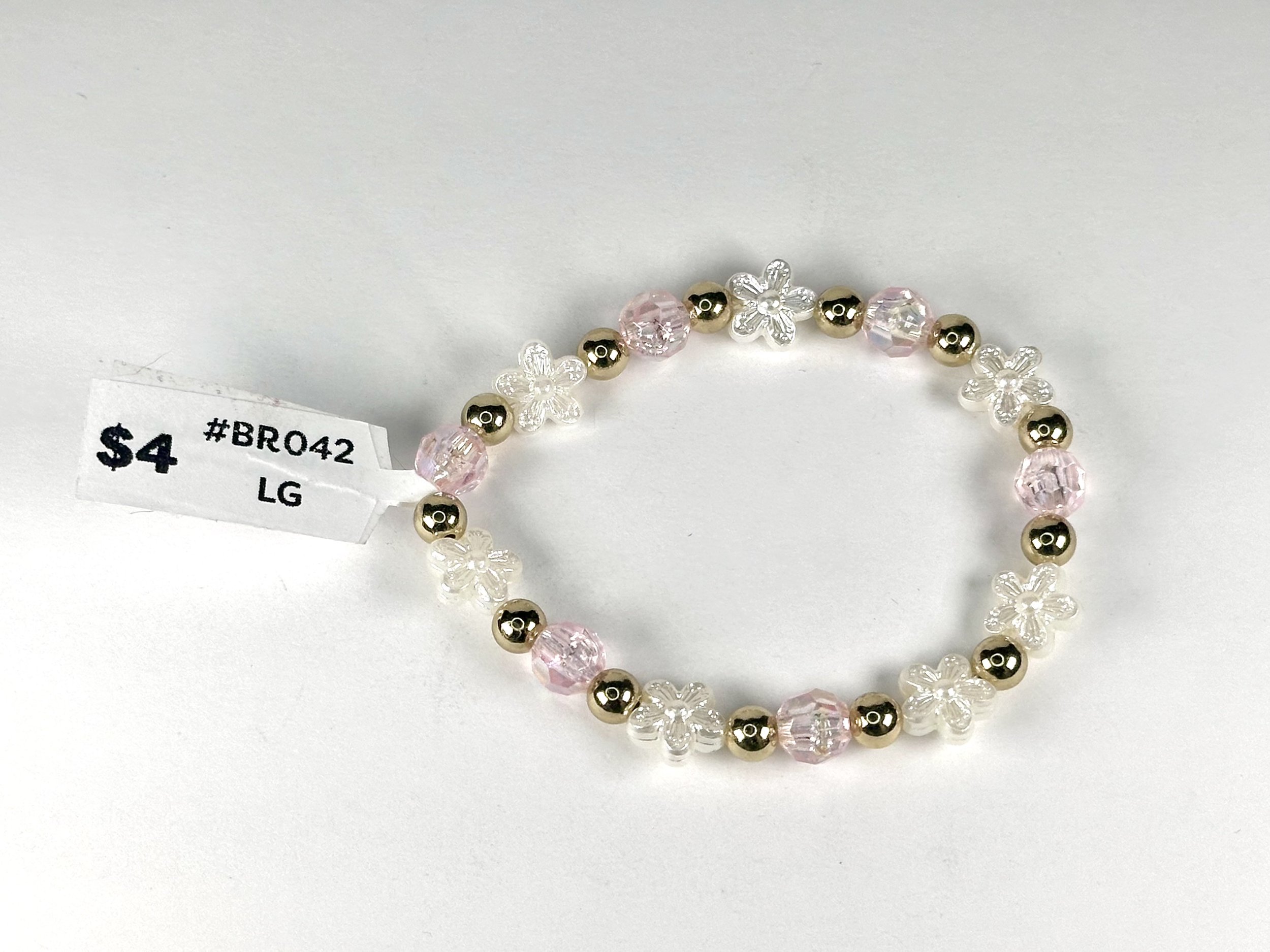 Large Floral Pearl, Pink & Gold Beaded Stretch Bracelet | Acrylic Bead Bracelet